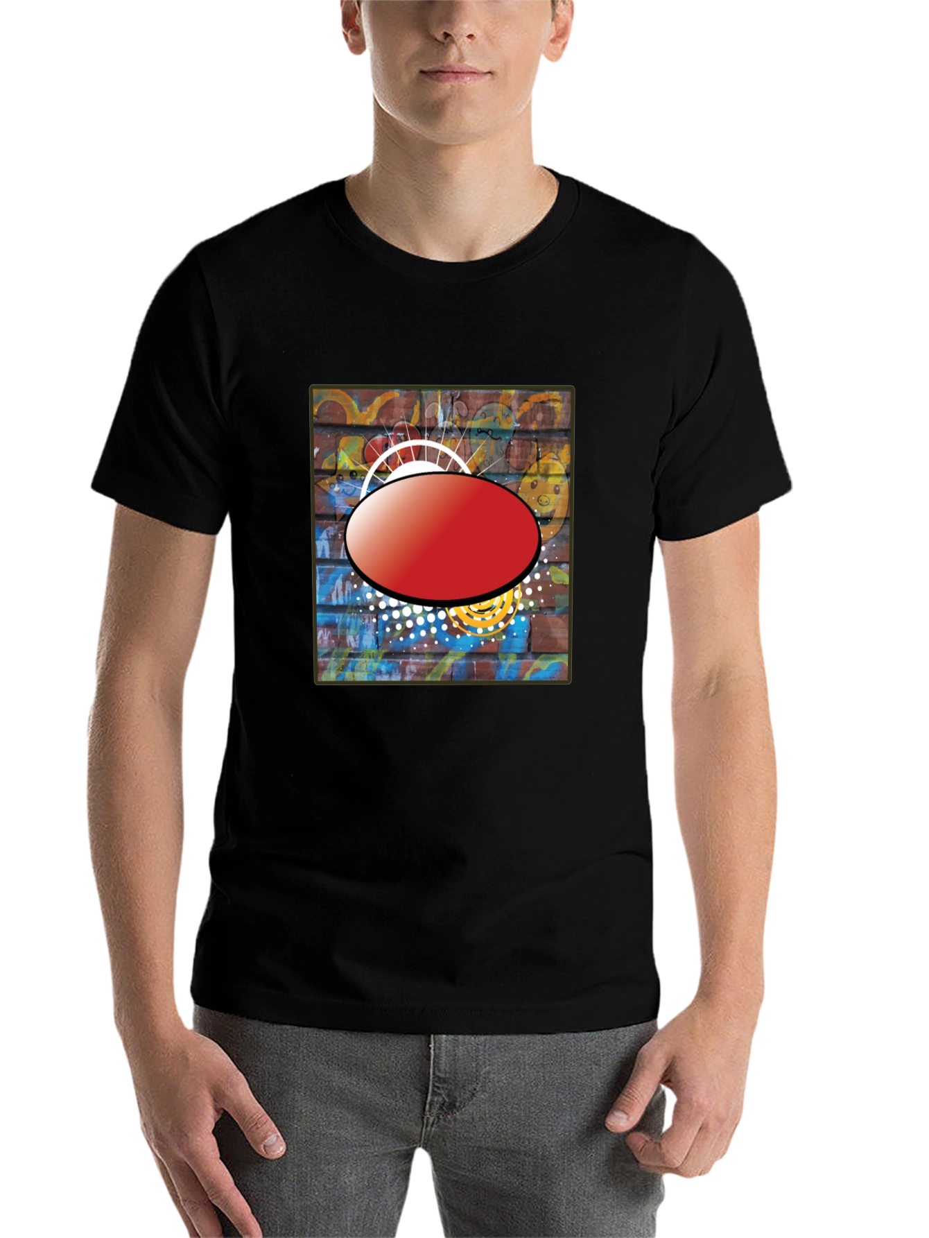 Black Black Graphic T-Shirt with Abstract Brick Wall Design view 7