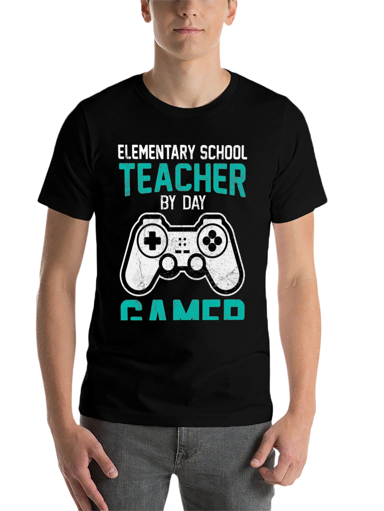 Black Elementary School Teacher Gamer T-Shirt view 7