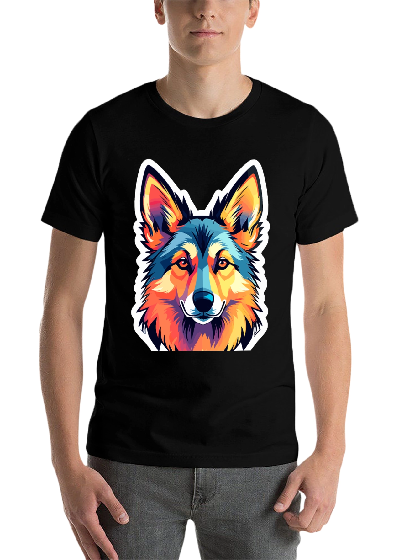 Black Vibrant Wolf Graphic Tee - Stylish Men's Black T-Shirt view 7