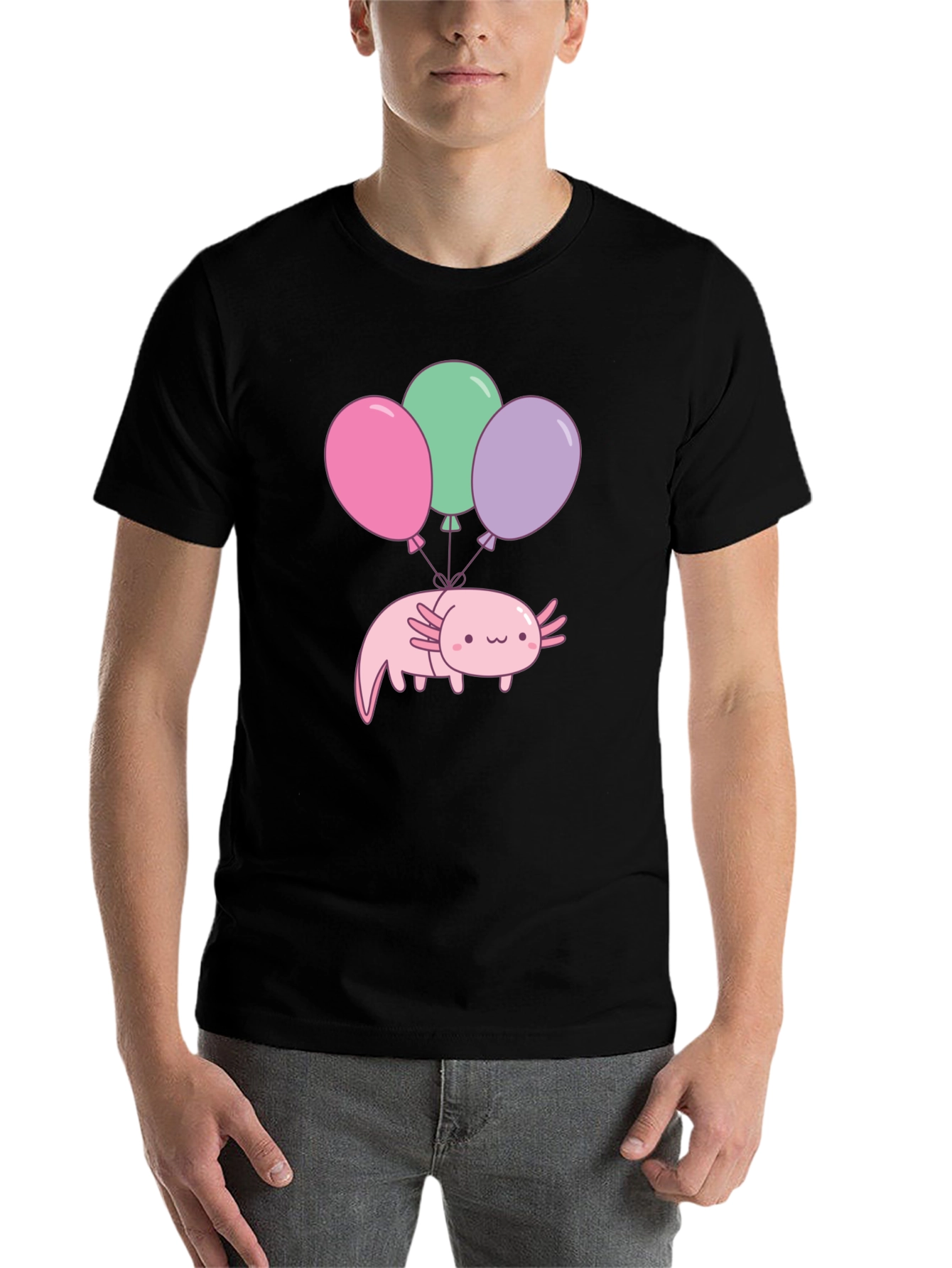 Black Axolotl Balloons Graphic Tee - Black Cotton T-Shirt view 7