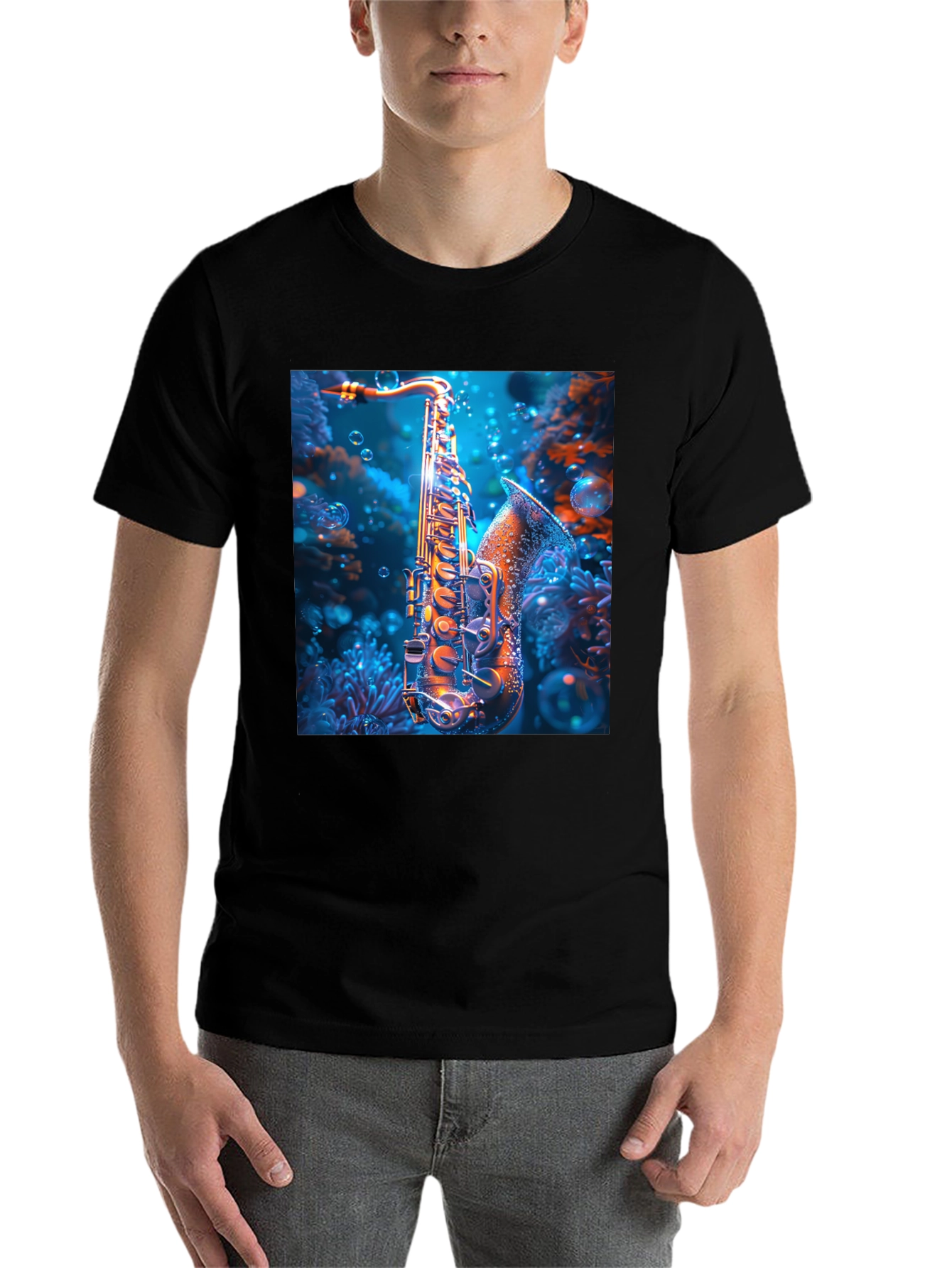 Black Saxophone Underwater T-Shirt - Unique Musical Design view 7