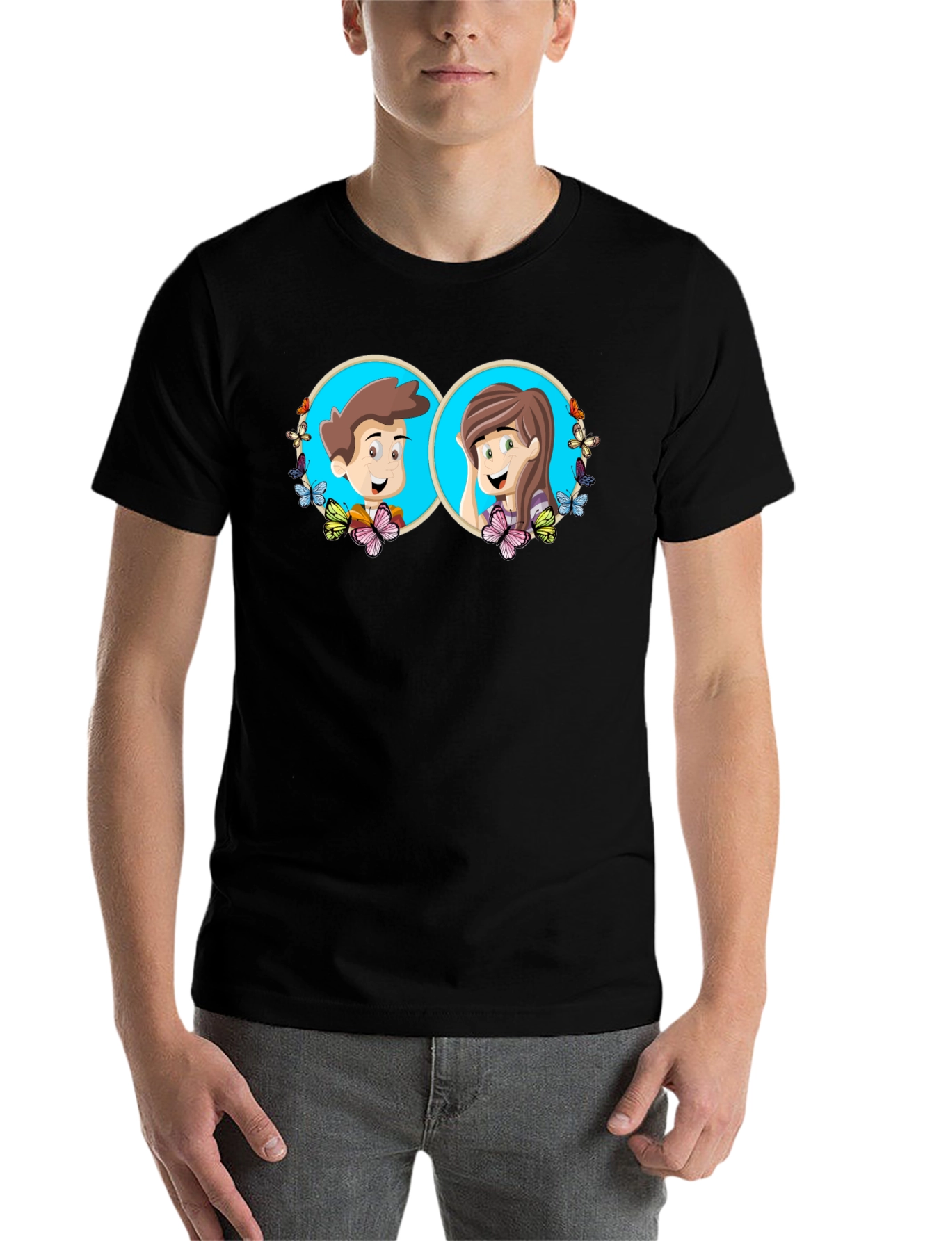 Black Cartoon Couple Graphic Tee - Quirky Black T-Shirt view 7