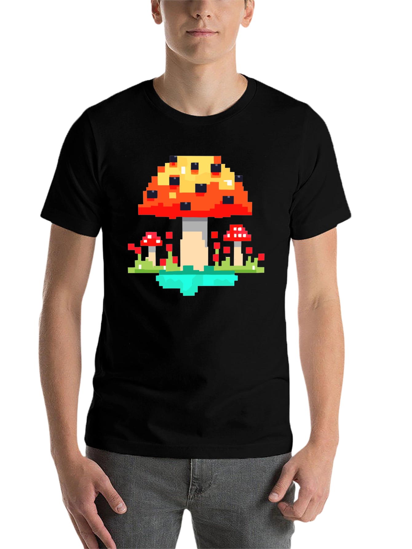 Black Pixel Mushroom Graphic Tee - Retro Gaming Style Shirt view 7
