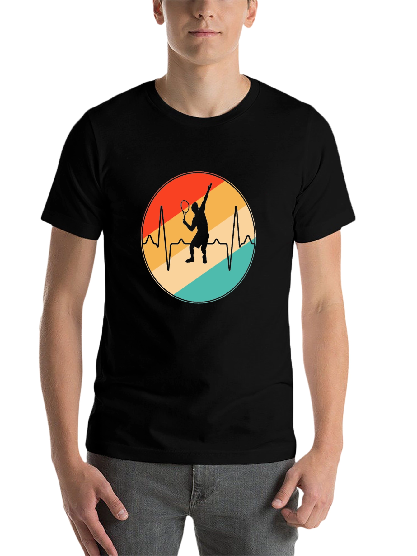 Black Tennis Heartbeat T-Shirt - Black Cotton Blend Casual Tee view 7