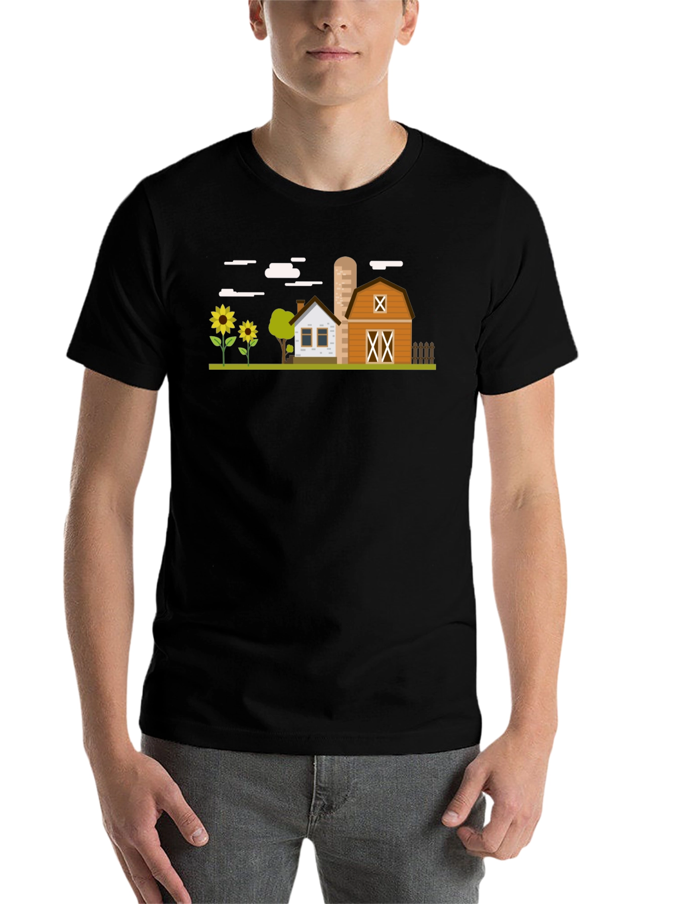 Black Farm Scene Graphic T-Shirt - Black Cotton Tee view 7