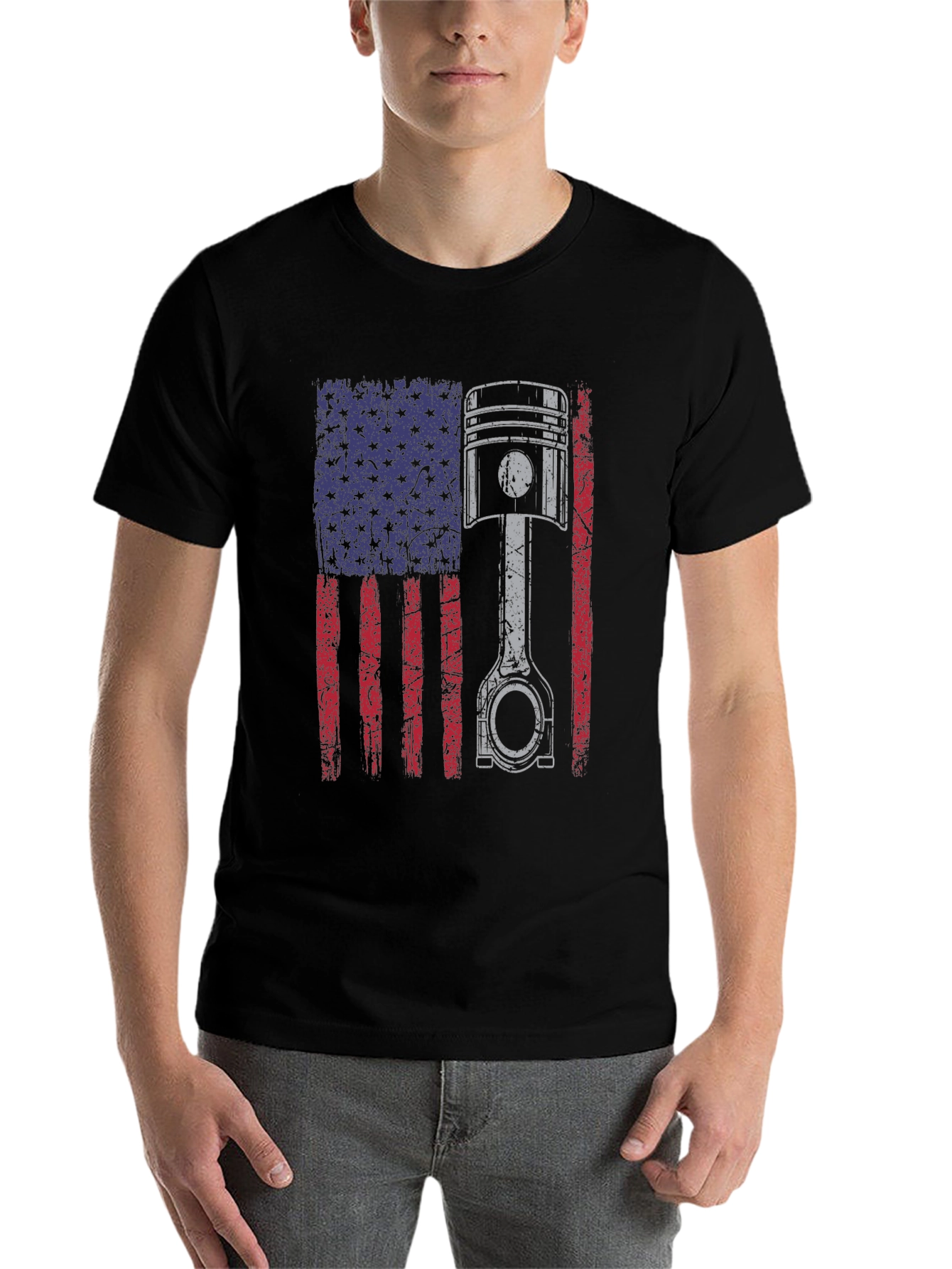 Black American Flag Piston T-Shirt - Automotive Enthusiast Apparel view 7