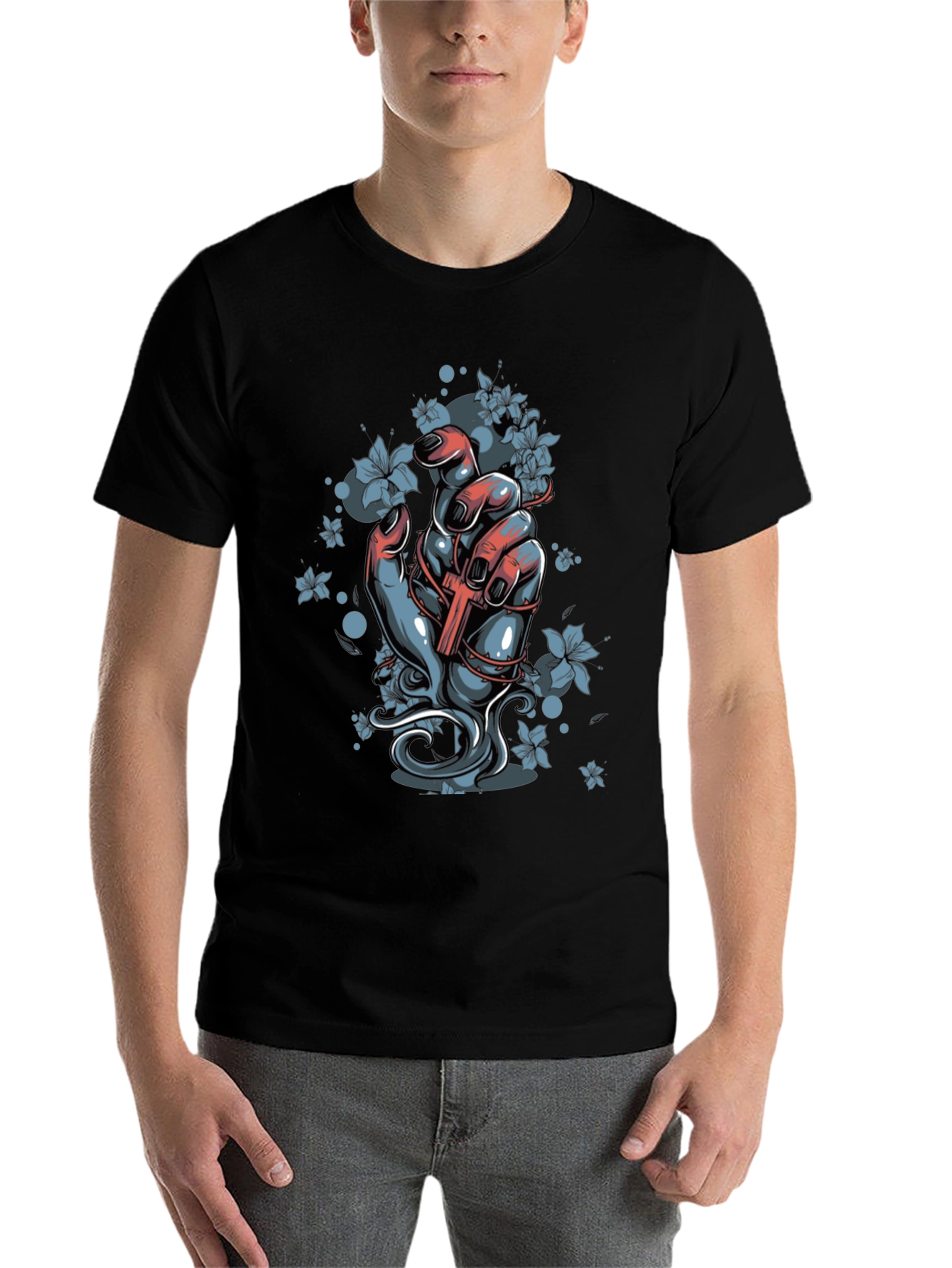 Floral Cross Graphic Black T-Shirt - 7
