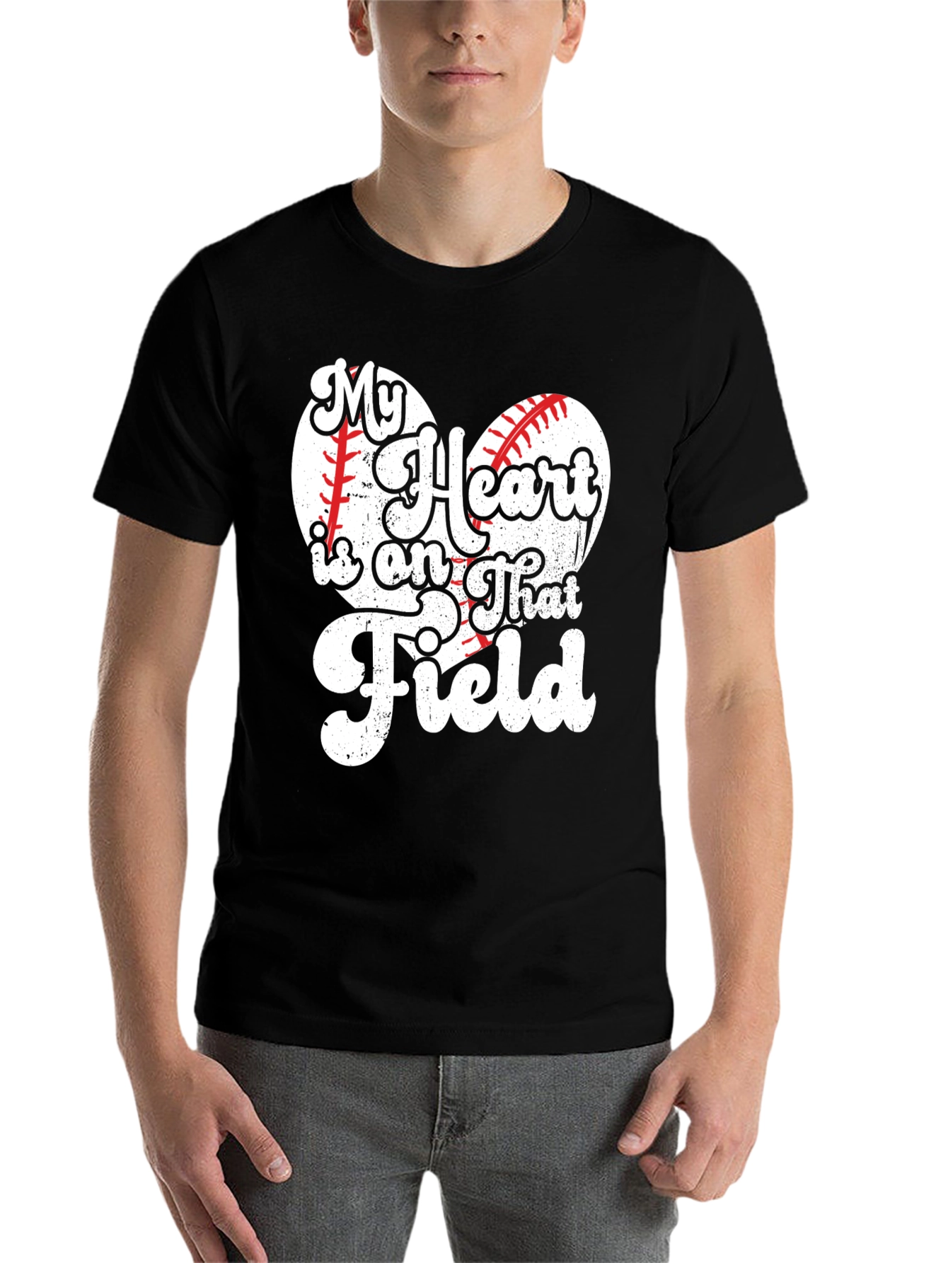 Black Baseball Heart T-Shirt - My Heart is on That Field view 7
