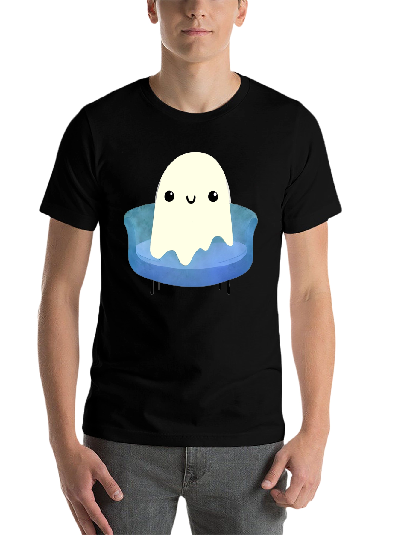 Black Cute Ghost on Couch T-Shirt - Spooky Season Apparel view 7