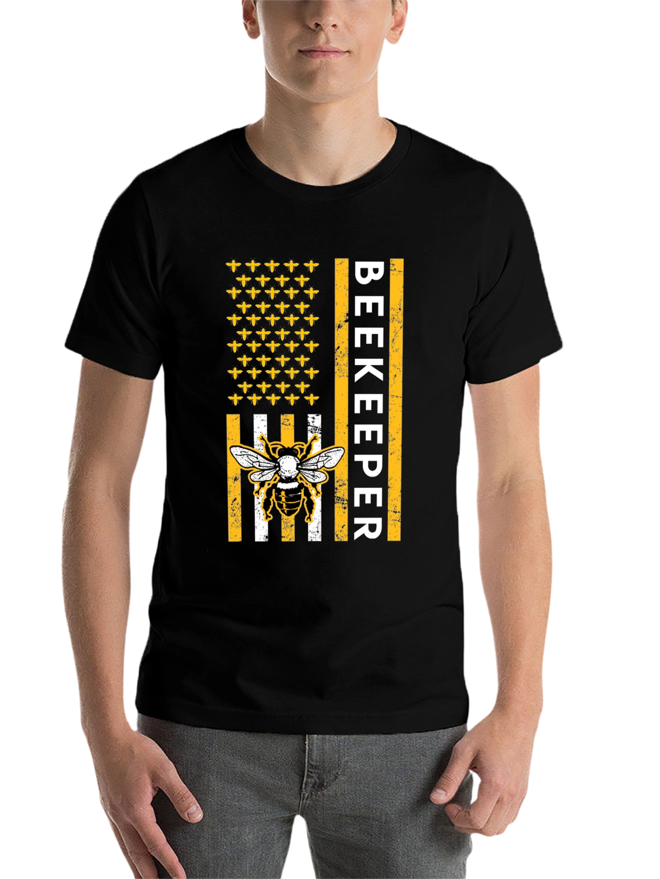 Black Beekeeper American Flag Bee T-Shirt view 7