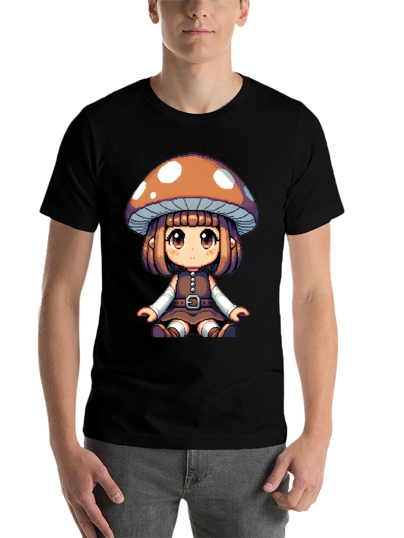 Black Mushroom Girl Pixel Art T-Shirt view 7