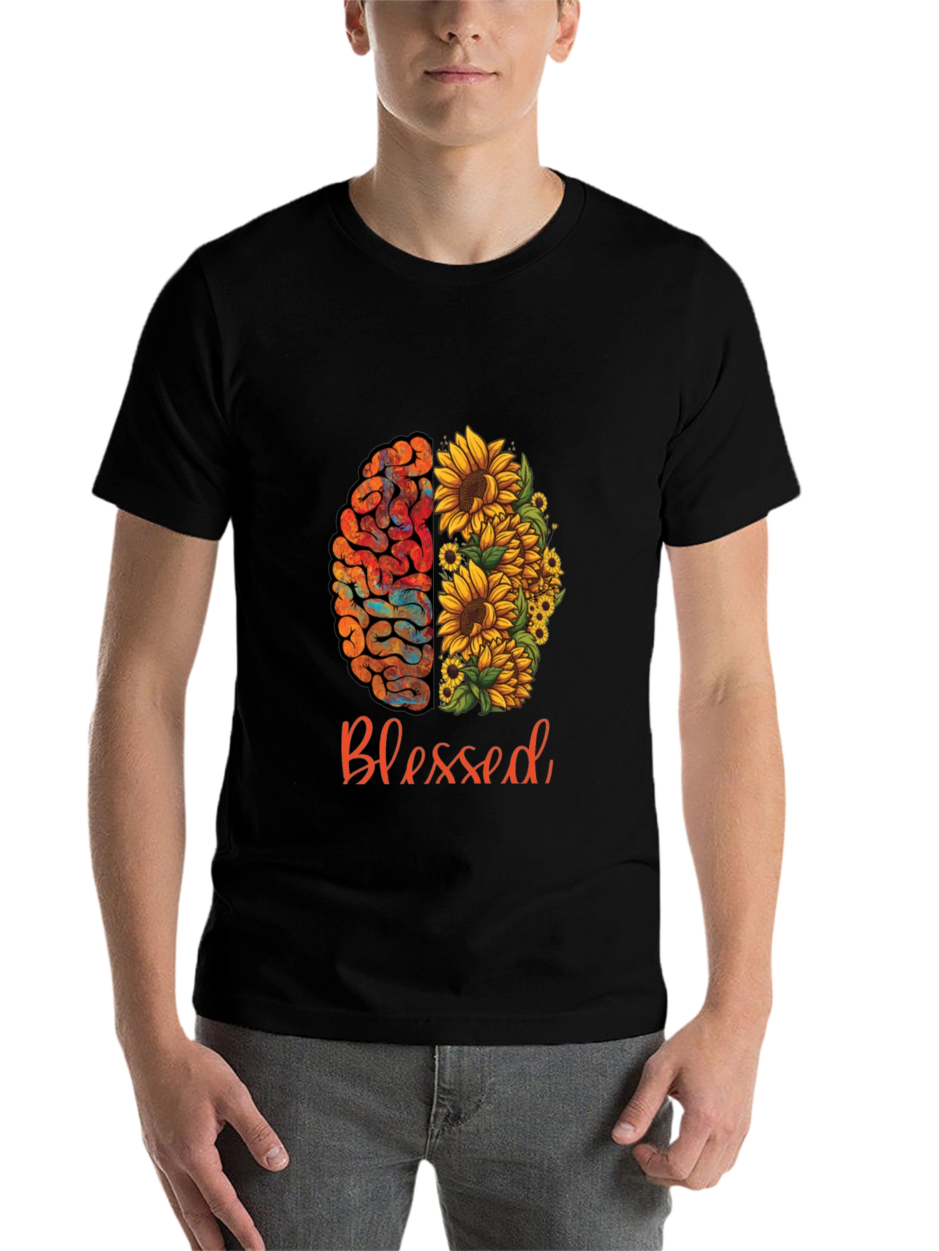 Black Blessed Brain & Sunflower Graphic Tee - Unisex Cotton T-Shirt view 7