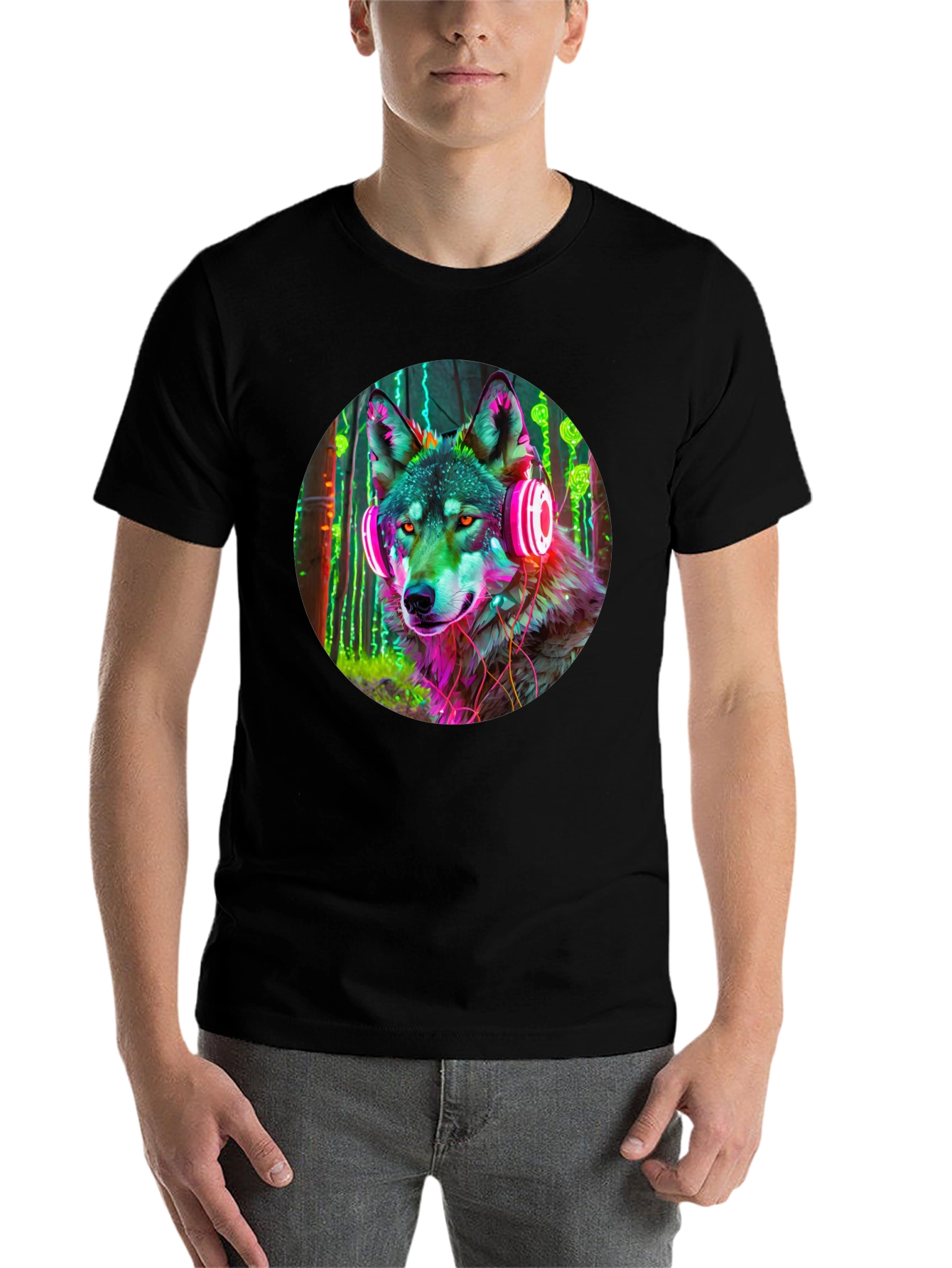 Black Neon Wolf Headphones Graphic Tee view 7