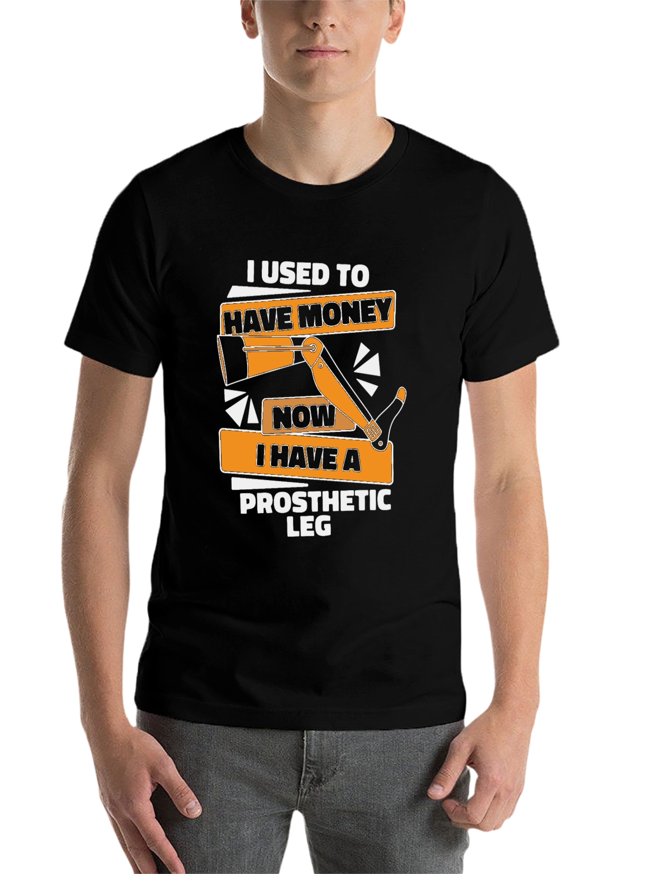 Black Funny Prosthetic Leg T-Shirt: "I Used to Have Money" view 7