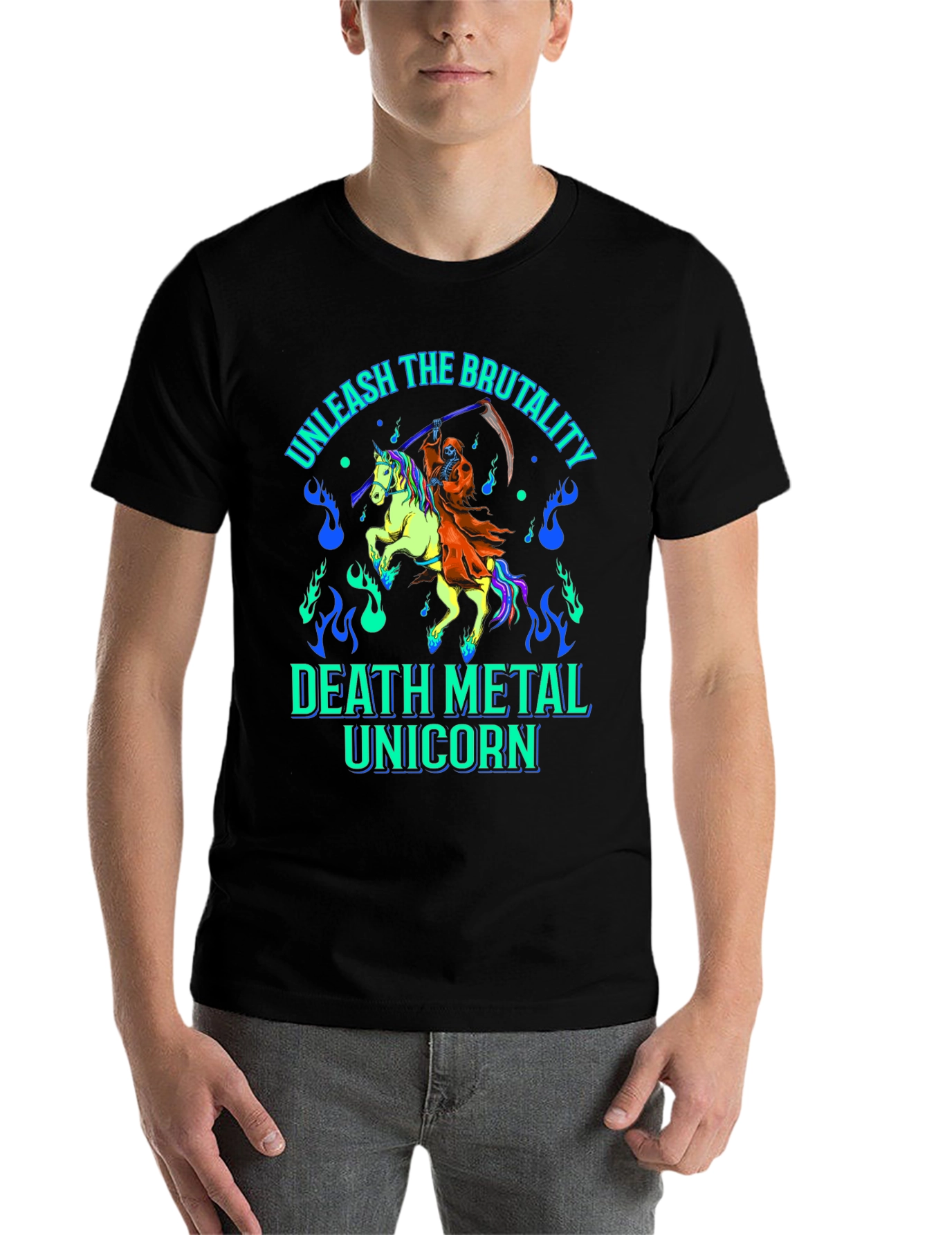 Black Unleash The Brutality Death Metal Unicorn Graphic Tee view 7