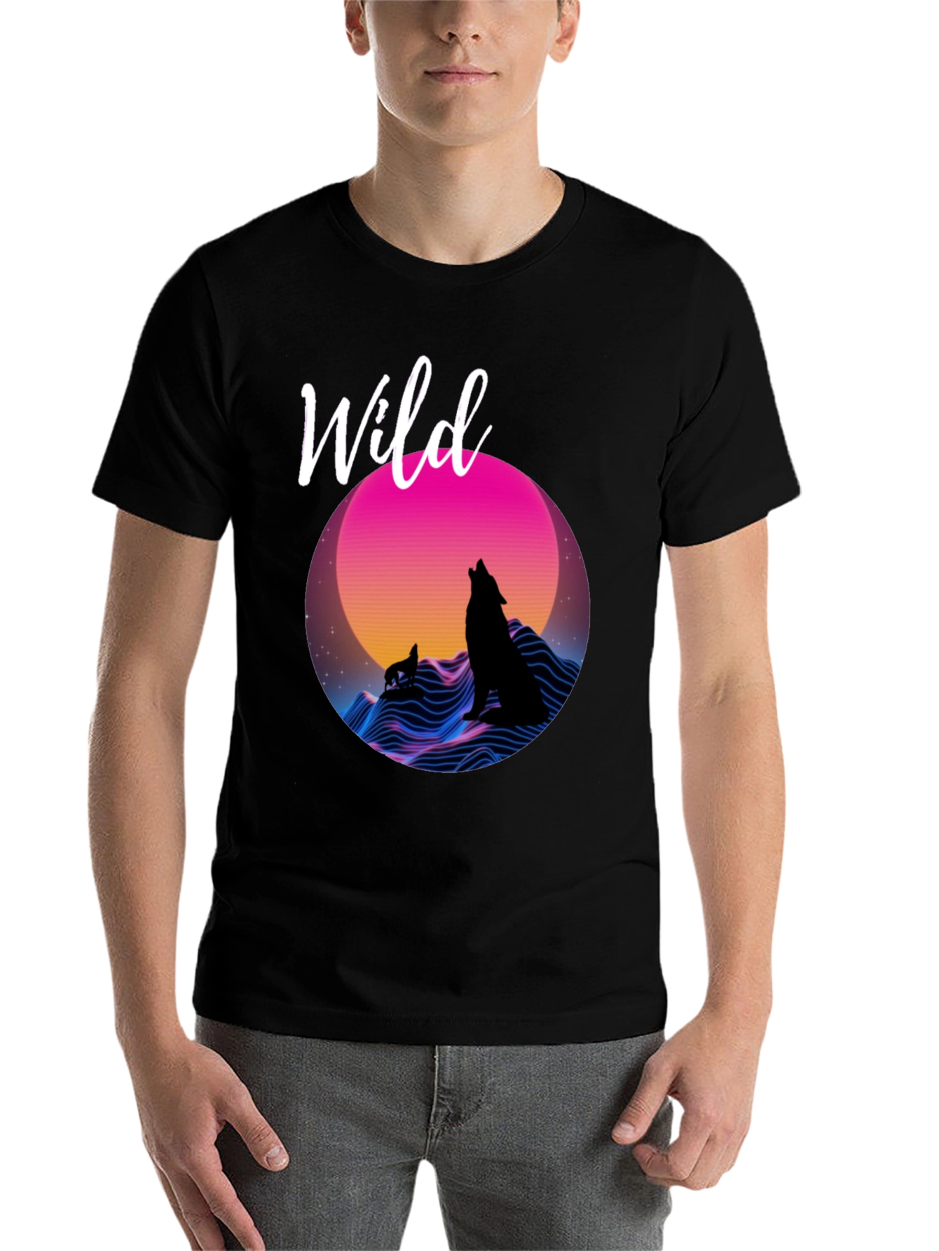 Black Wild Graphic T-Shirt - Retro Wolf Design view 7