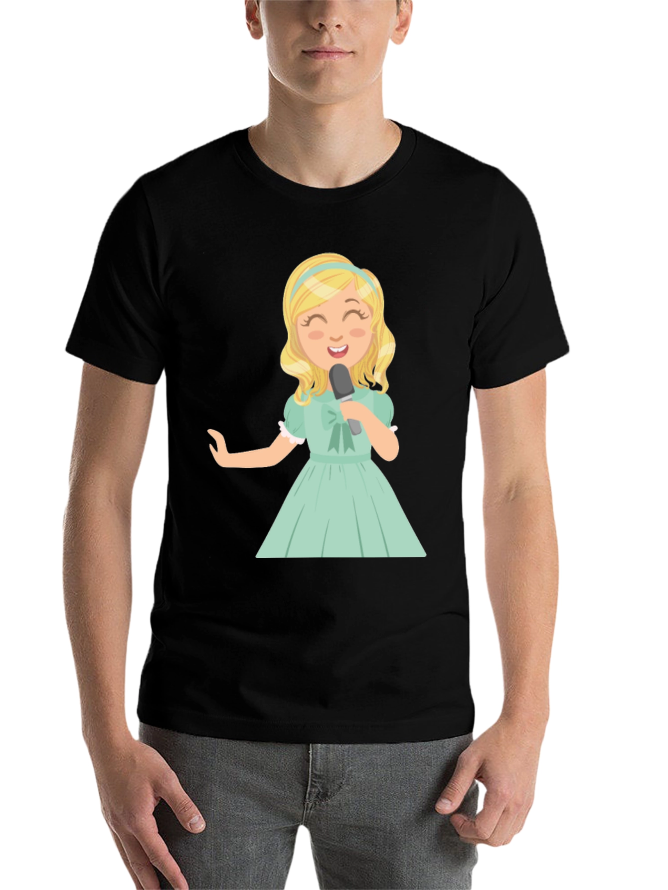 Black Singer Girl Graphic T-Shirt, Black Cotton Tee view 7