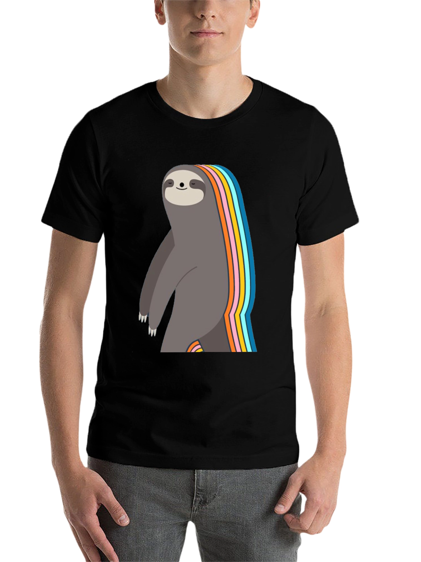 Black Rainbow Sloth Graphic T-Shirt - Men's Black Tee view 7