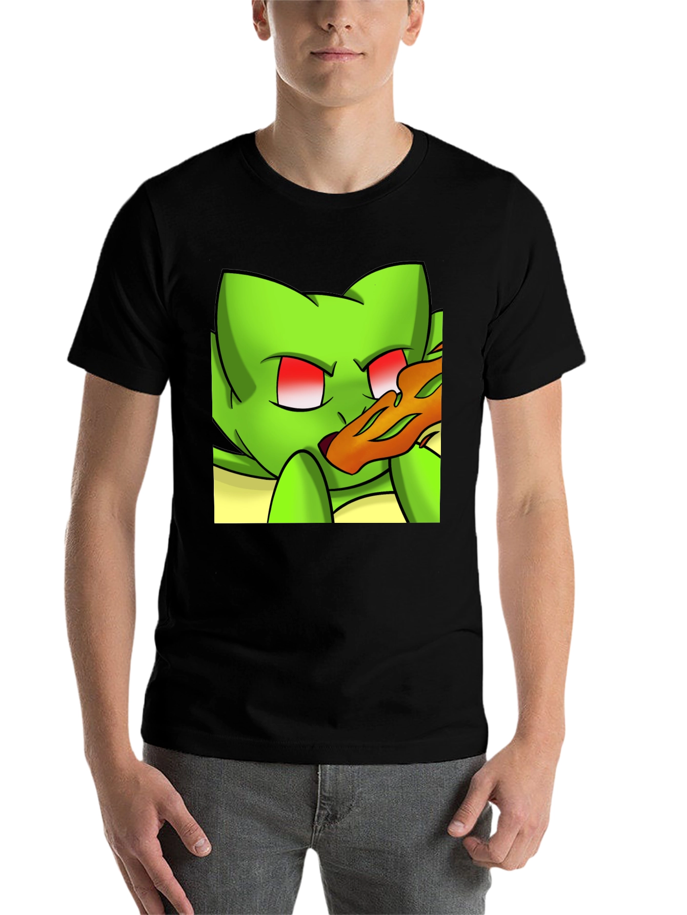 Black Cartoon Green Cat Pizza Graphic Black Tee view 7
