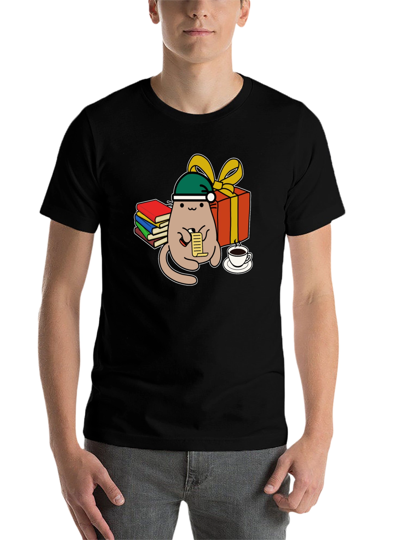 Black Festive Cat Reading Christmas List T-Shirt view 7