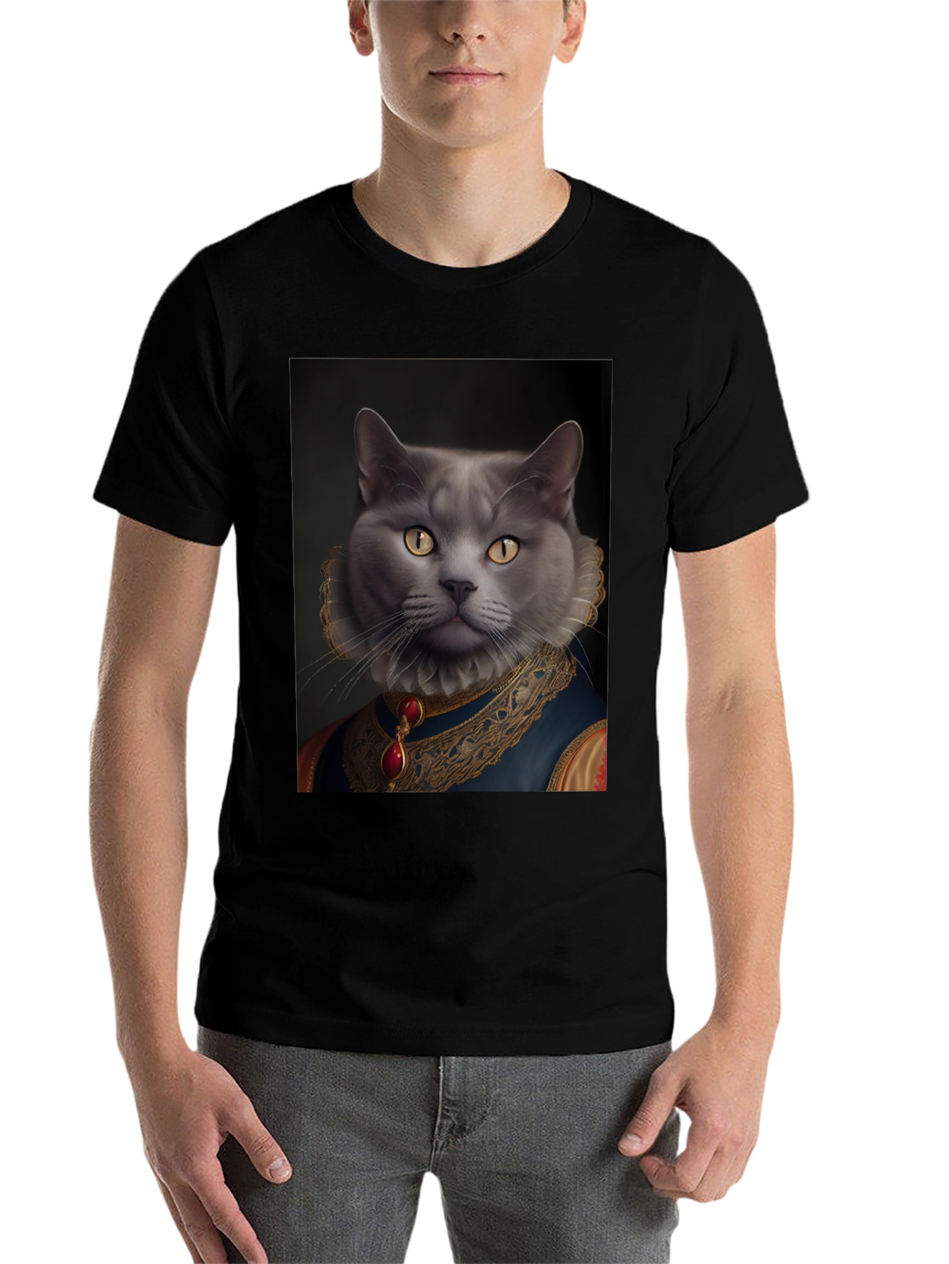 Black Royal Cat Portrait T-Shirt - Unique Novelty Tee view 7