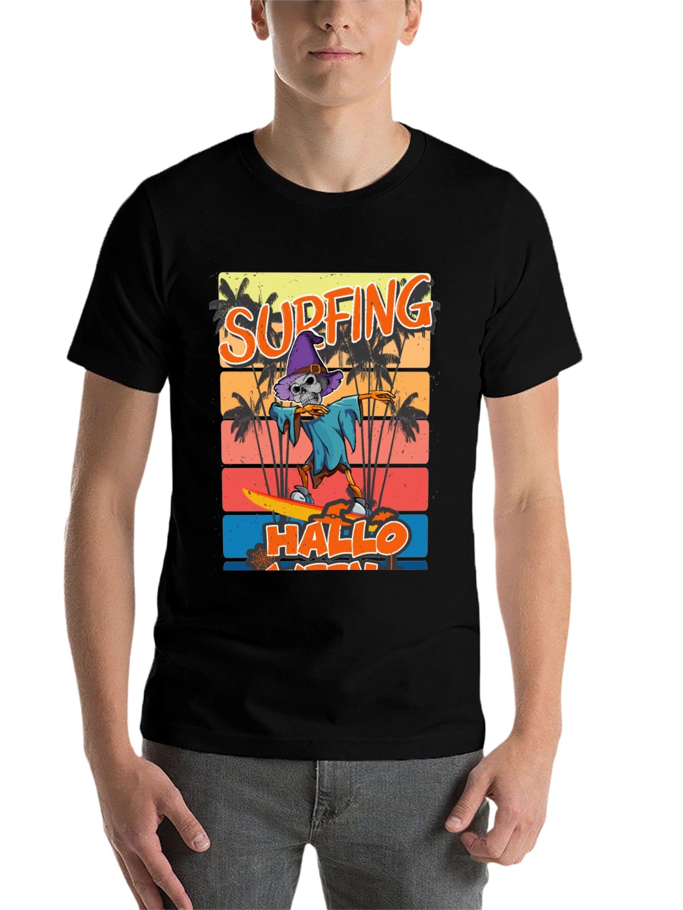 Black Surfing Hallo-ween Skeleton T-Shirt view 7