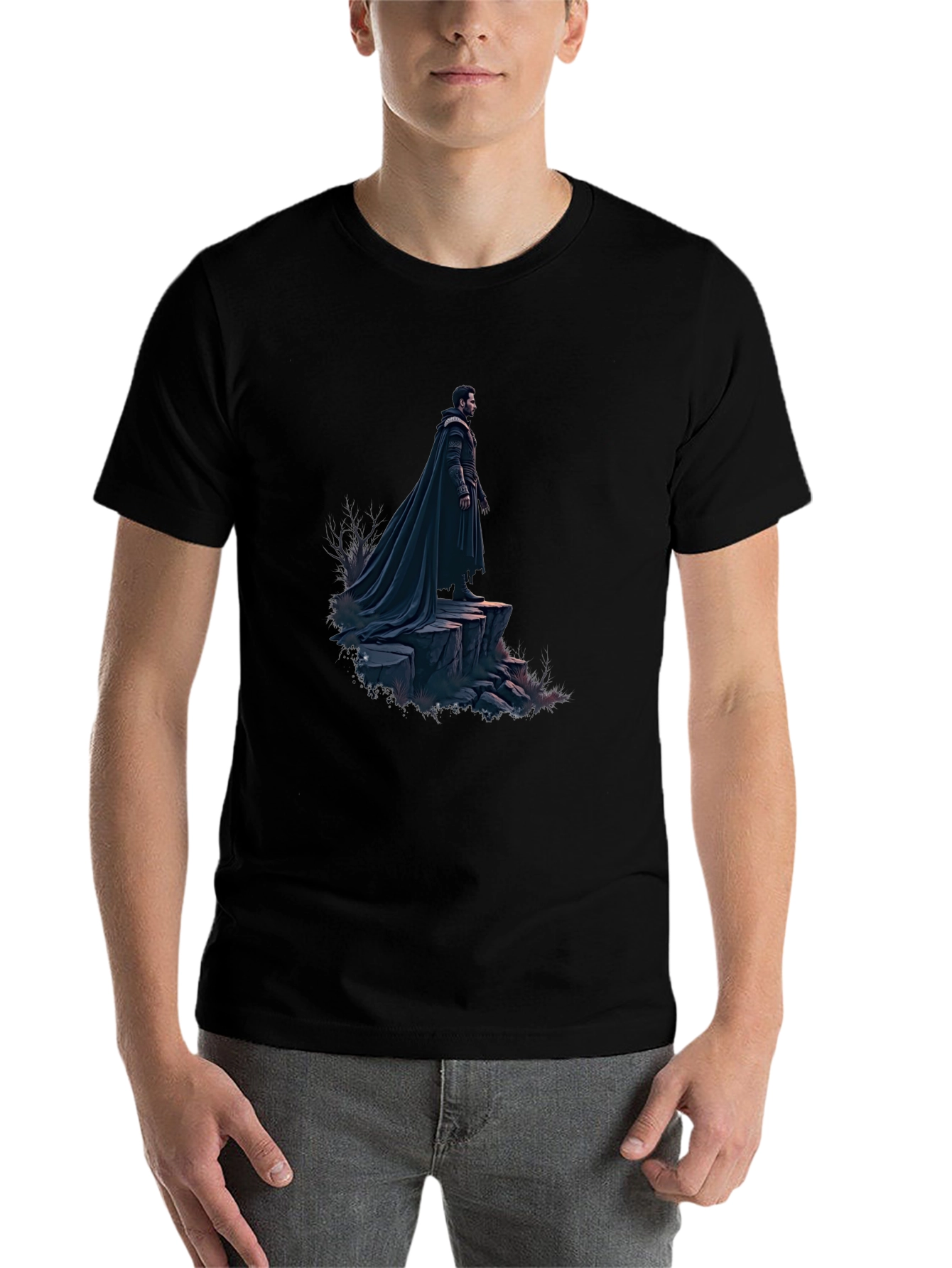 Black Black T-Shirt with Dramatic Cloaked Figure Graphic view 7