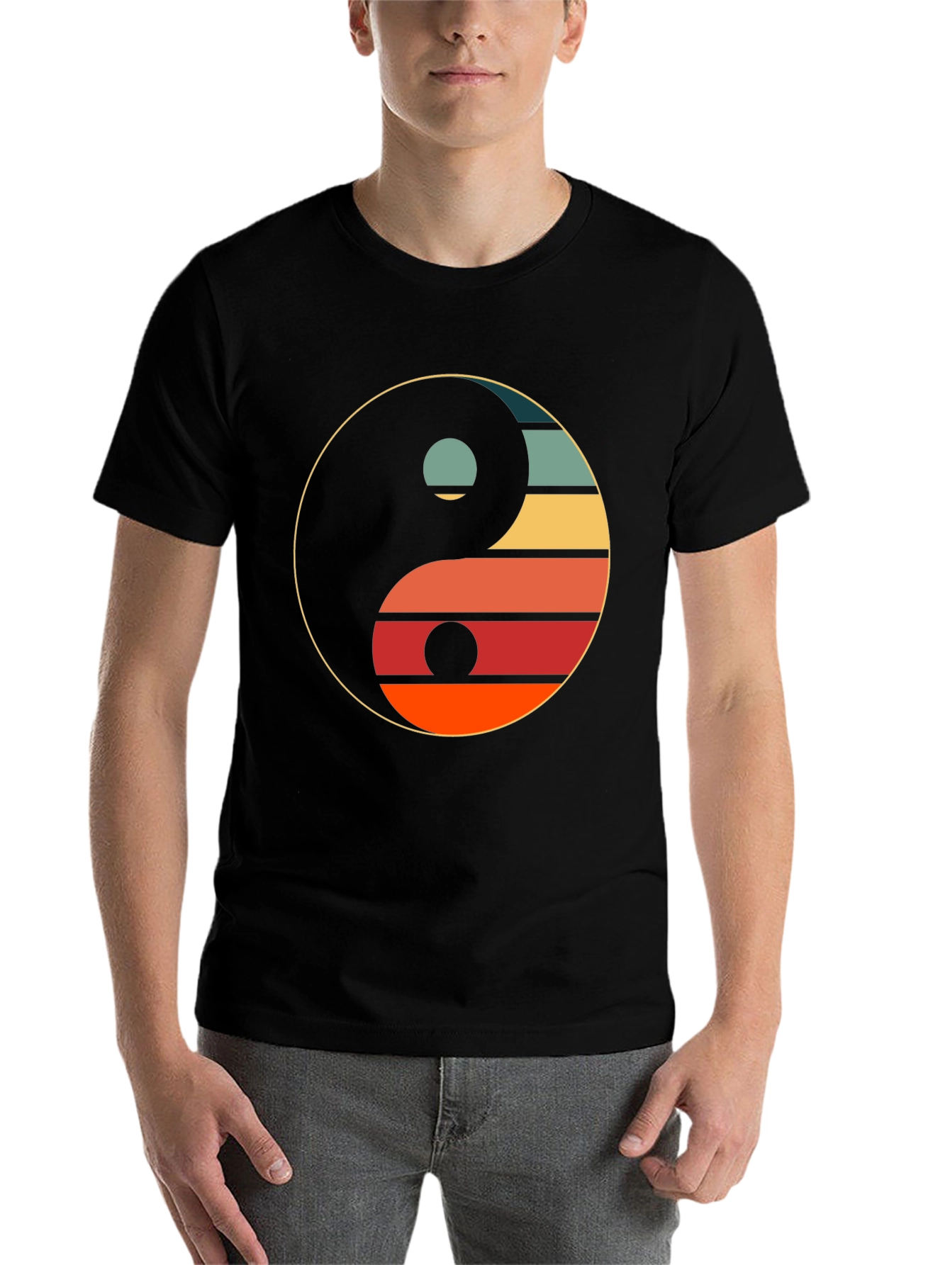 Black Yin Yang Retro Graphic Tee - Unisex Black T-Shirt view 7