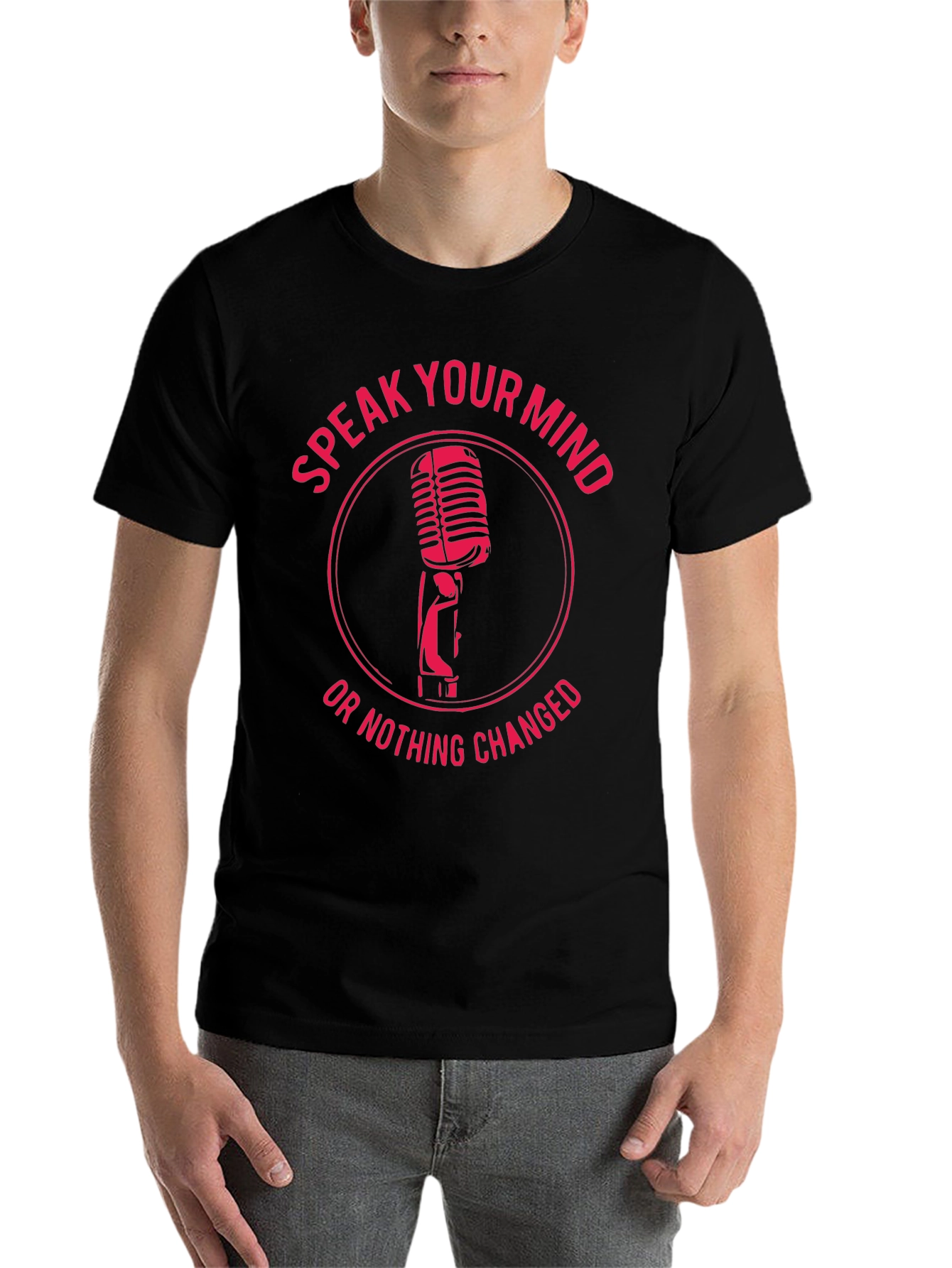 Black Speak Your Mind Tee - Retro Microphone Graphic T-Shirt view 7