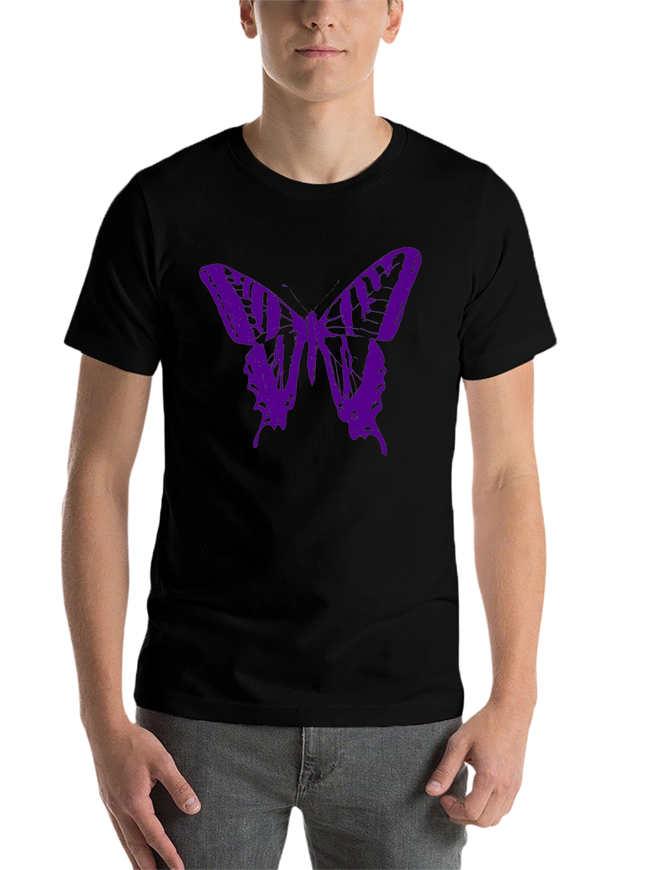 Black Purple Butterfly Graphic T-Shirt - Men's Black Tee view 7