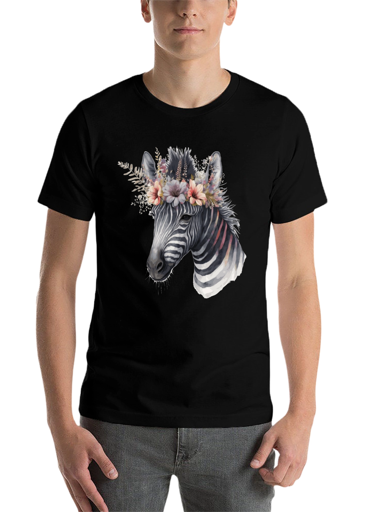 Black Zebra Floral Crown Graphic Tee - Unisex Cotton T-Shirt view 7