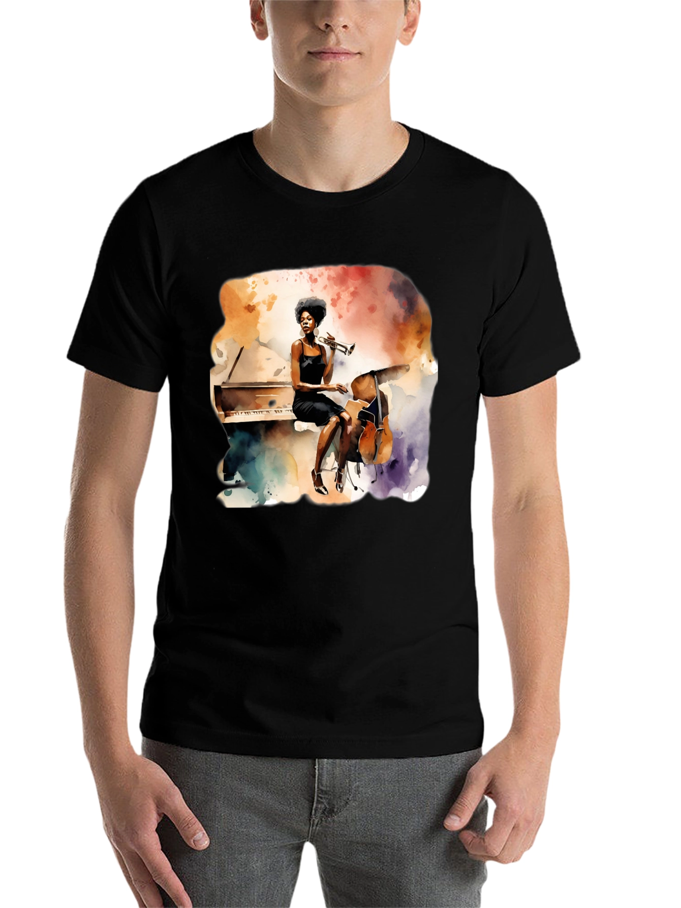 Black Watercolor Jazz Musician Unisex Tee view 7