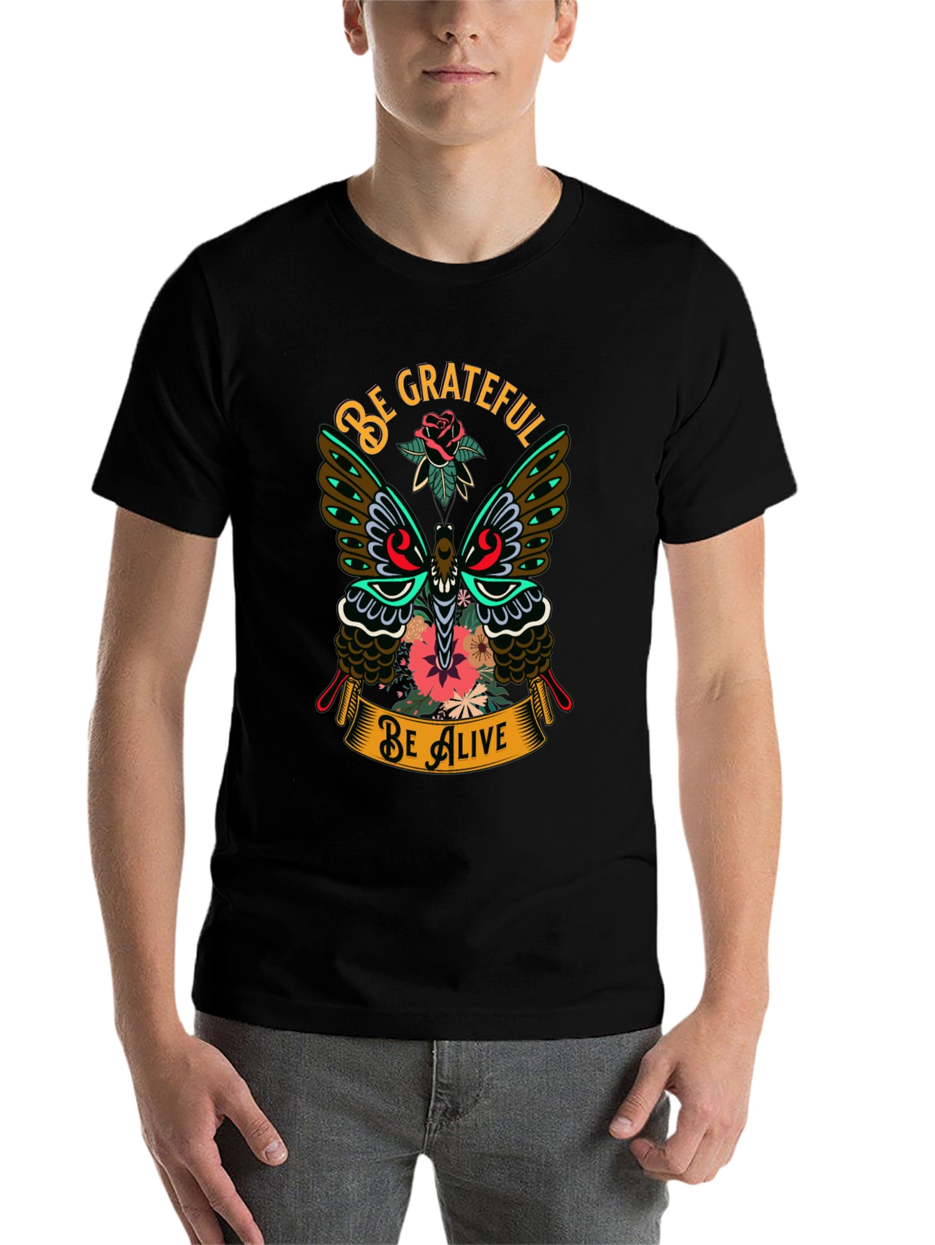 Black Be Grateful Be Alive Butterfly Graphic T-Shirt view 7