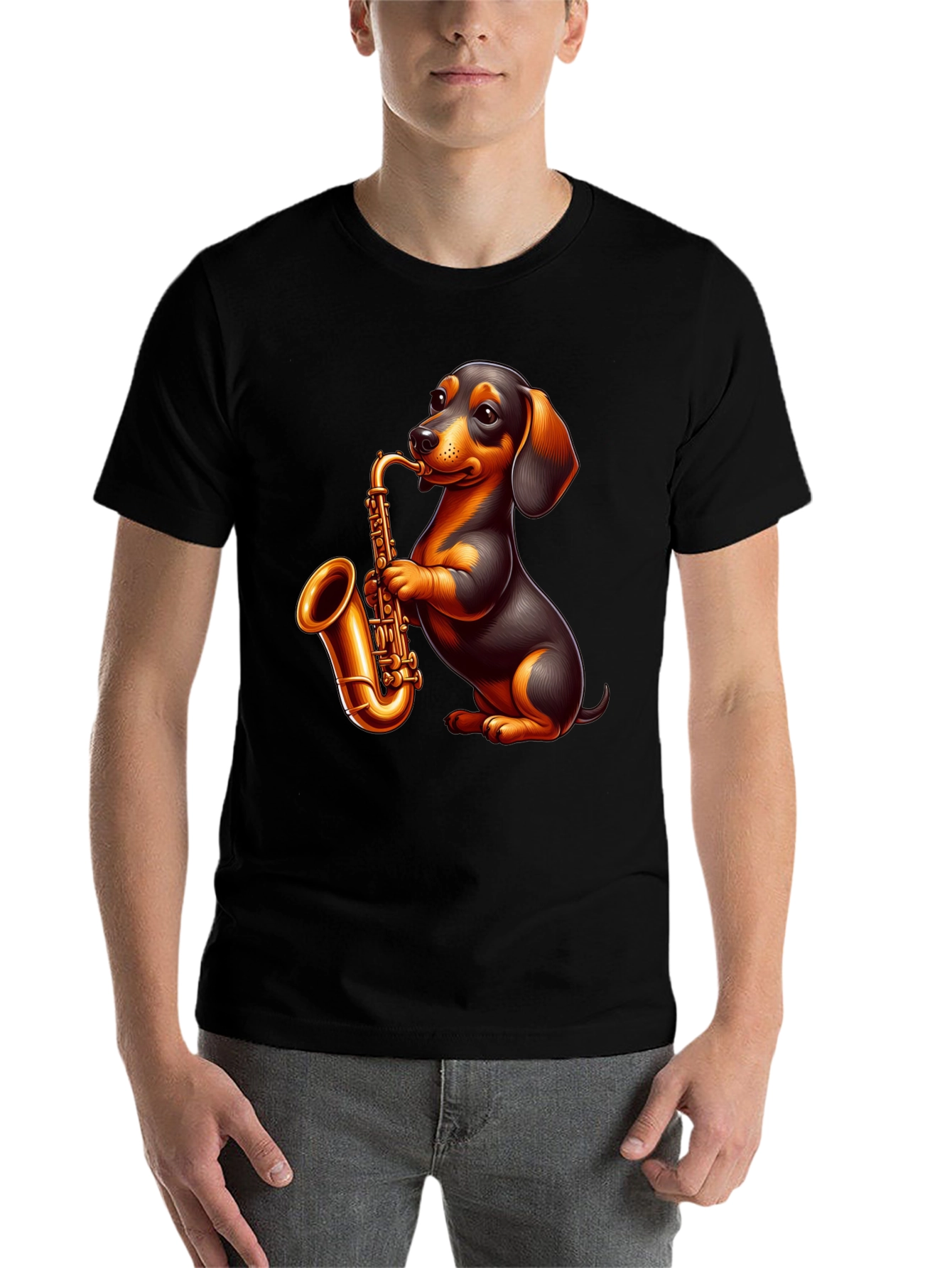 Black Dachshund Saxophone Graphic T-Shirt view 7