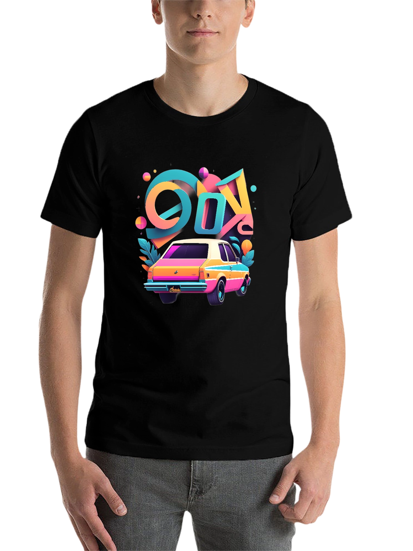 Black Retro 80s Car T-Shirt - Colorful Design view 7