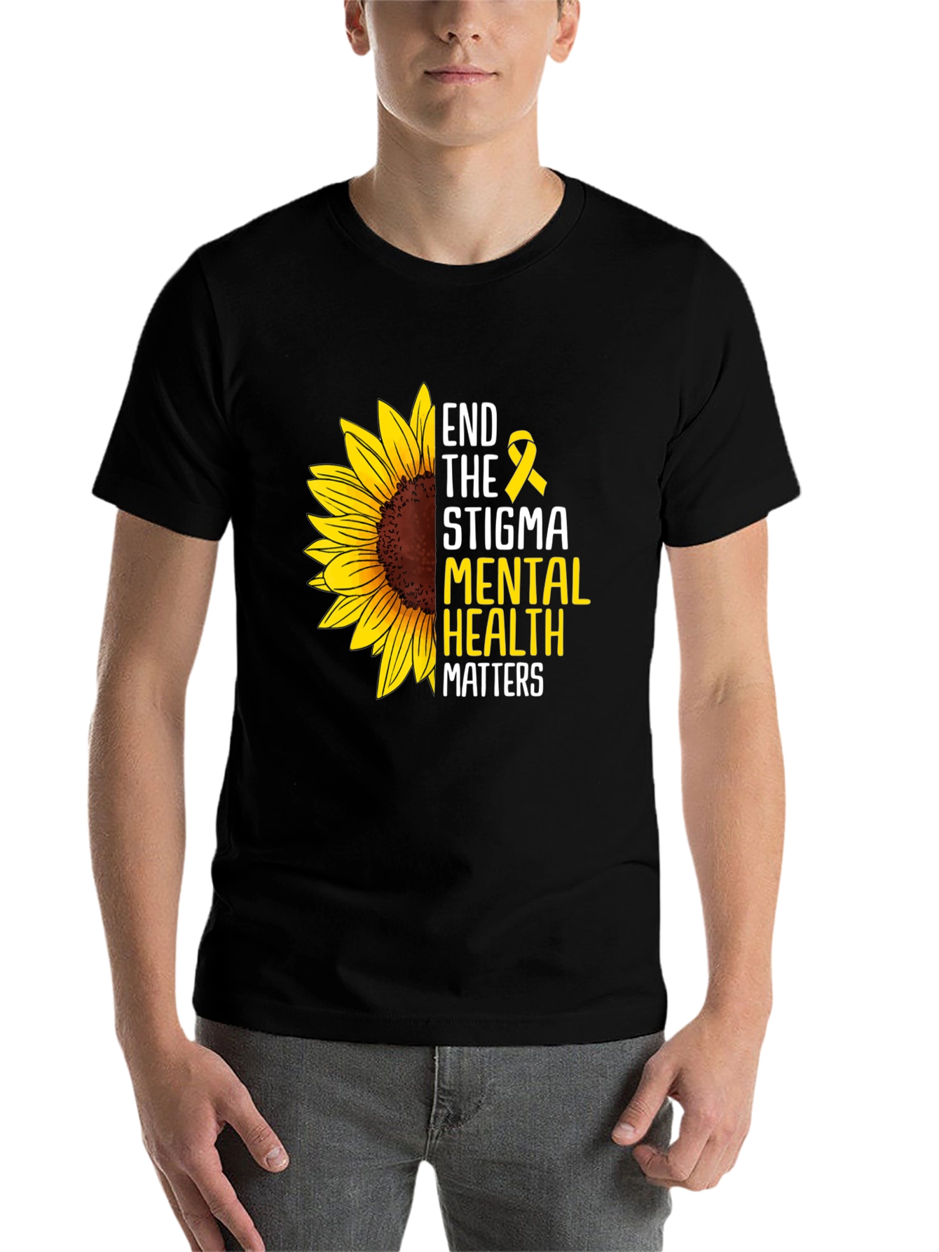 Black End the Stigma Mental Health Matters Sunflower T-Shirt view 7