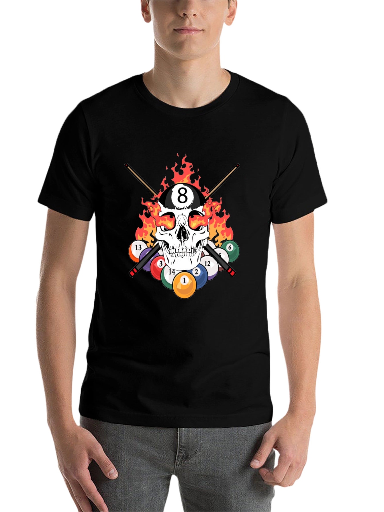 Black Skull 8 Ball Flames T-Shirt - Billiards Graphic Tee view 7