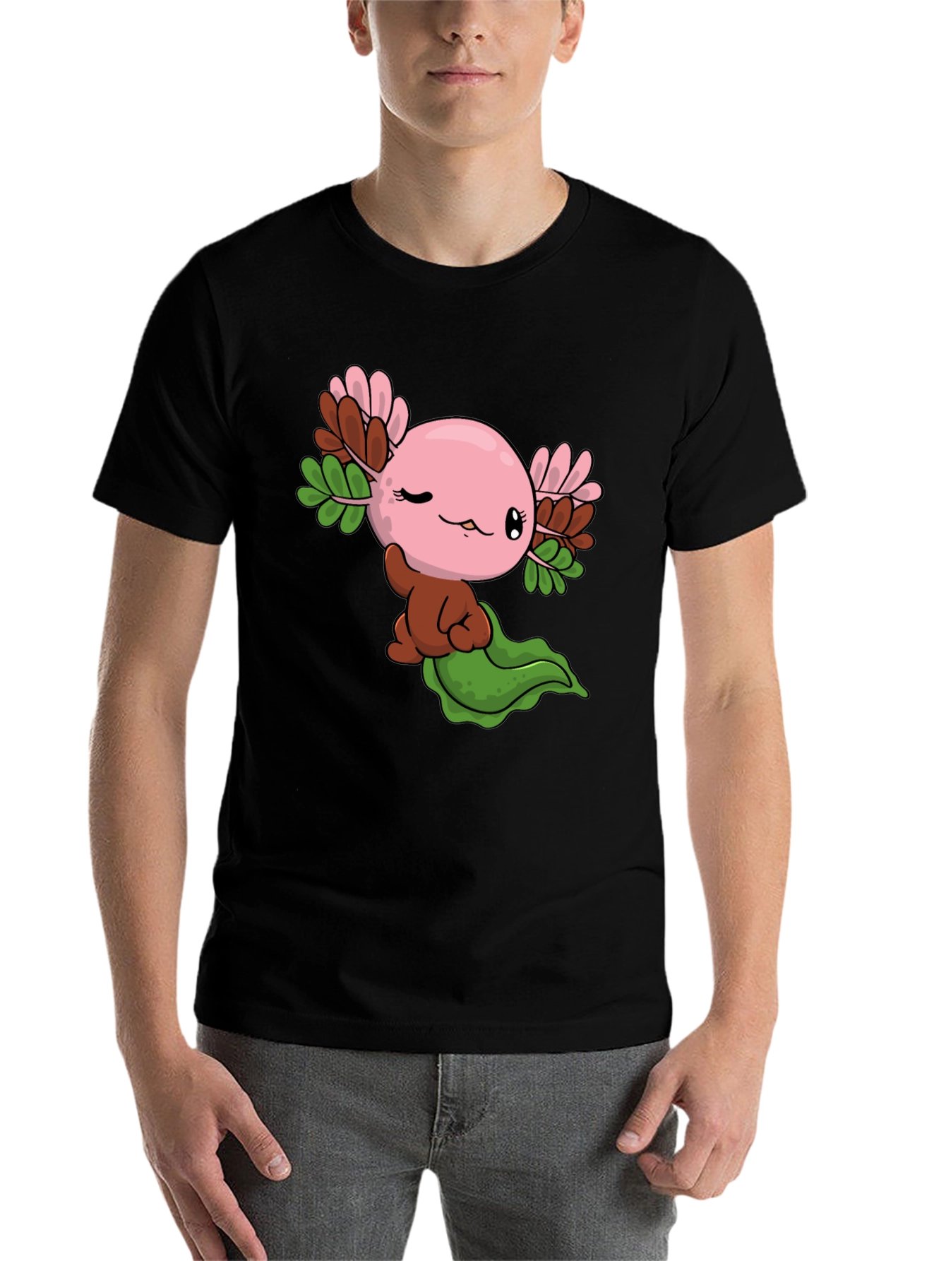 Black Cute Axolotl Cartoon Black T-Shirt view 7