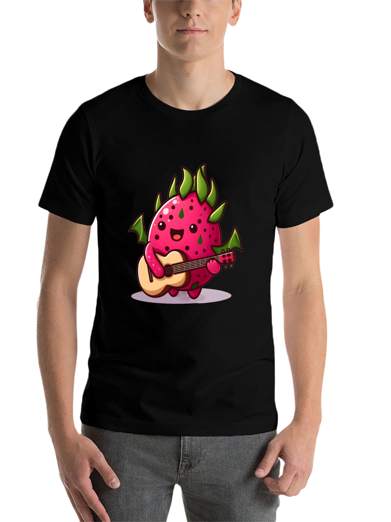 Black Cartoon Dragon Fruit Playing Guitar Black T-Shirt view 7