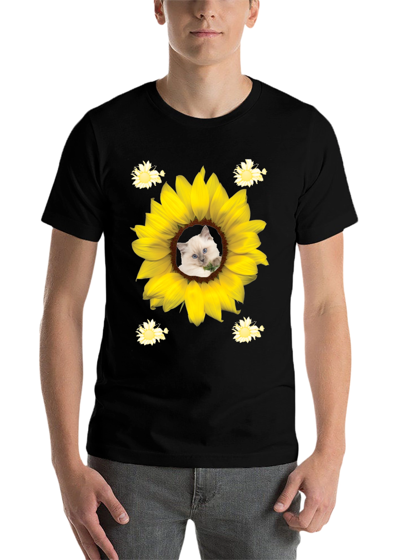 Black Sunflower Cat T-Shirt - Unique Graphic Tee view 7