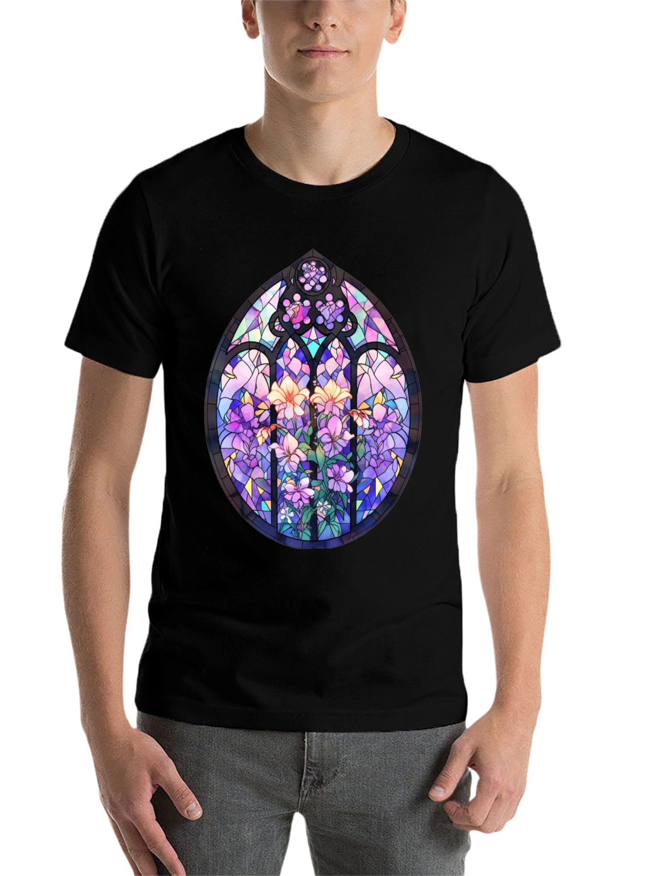Black Stained Glass Floral T-Shirt - Artistic Men's Tee view 7