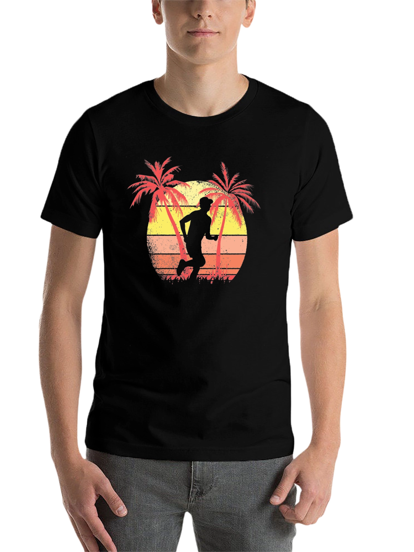 Black Retro Runner T-Shirt - Palm Tree Sunset Design view 7