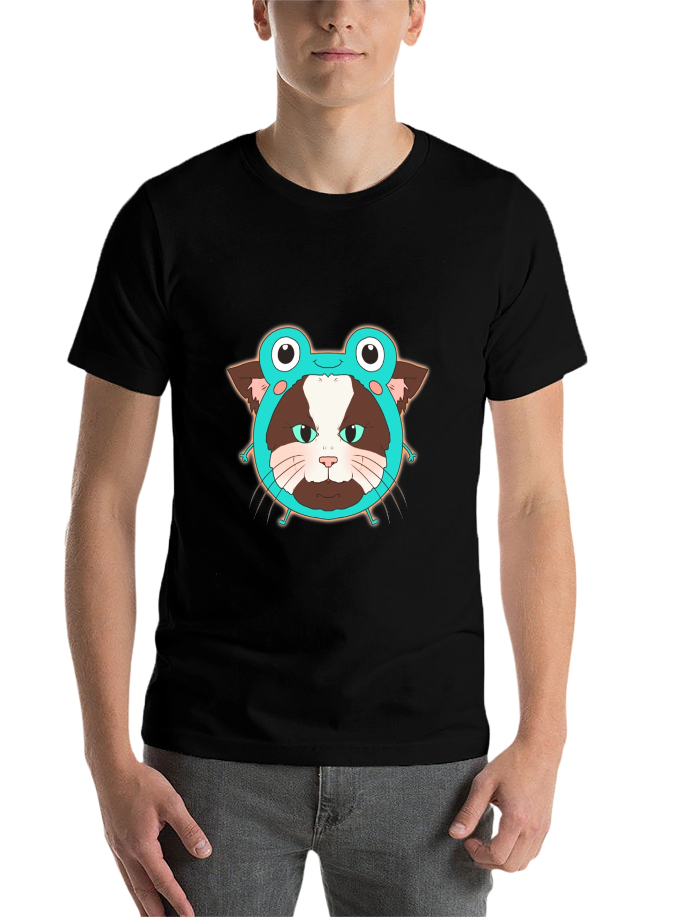 Black Funny Cat in Frog Hat Graphic Tee - Black view 7