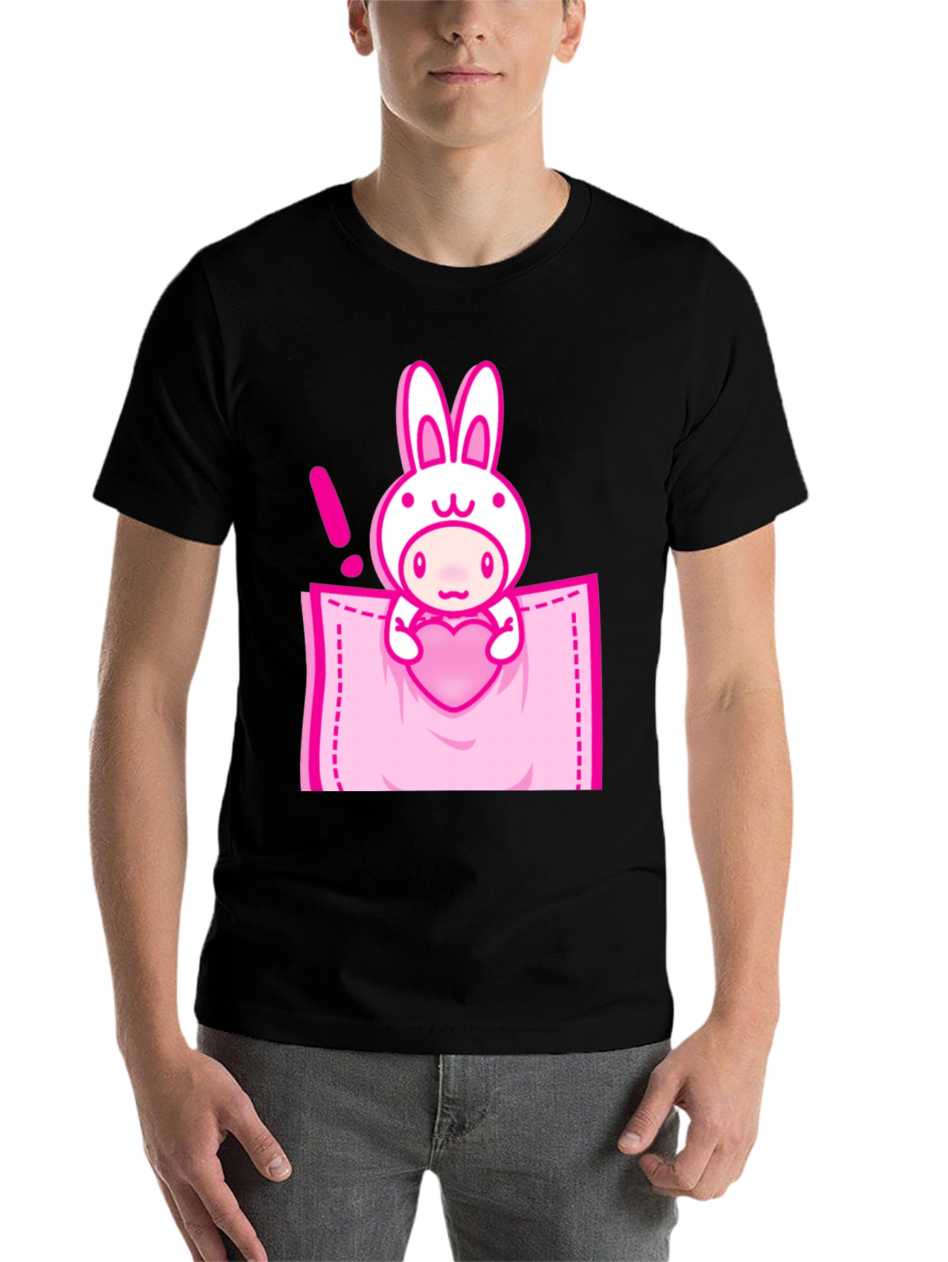 Black Cute Cartoon Rabbit Pocket T-Shirt view 7