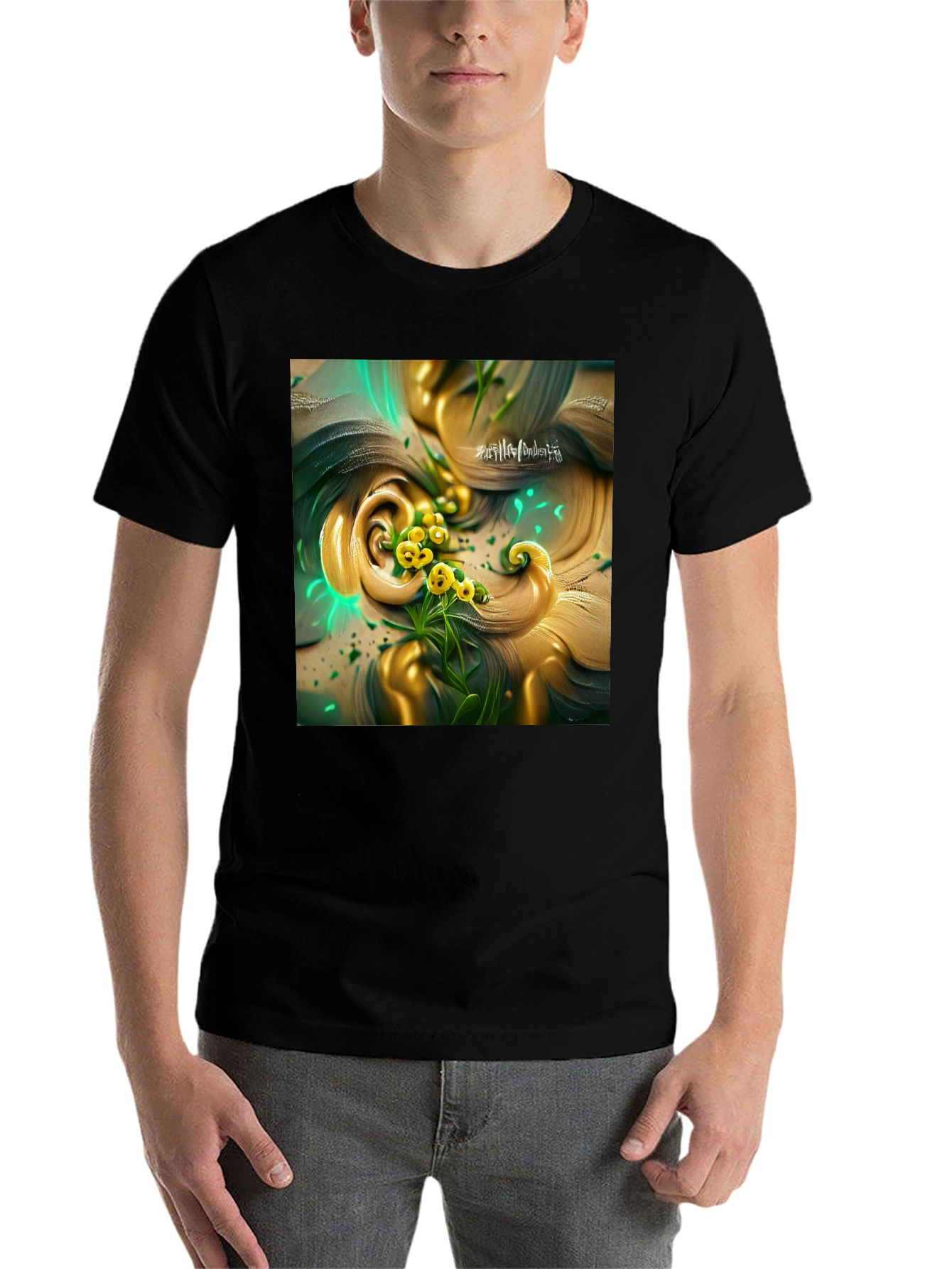 Black Black T-Shirt with Artistic Floral Design view 7