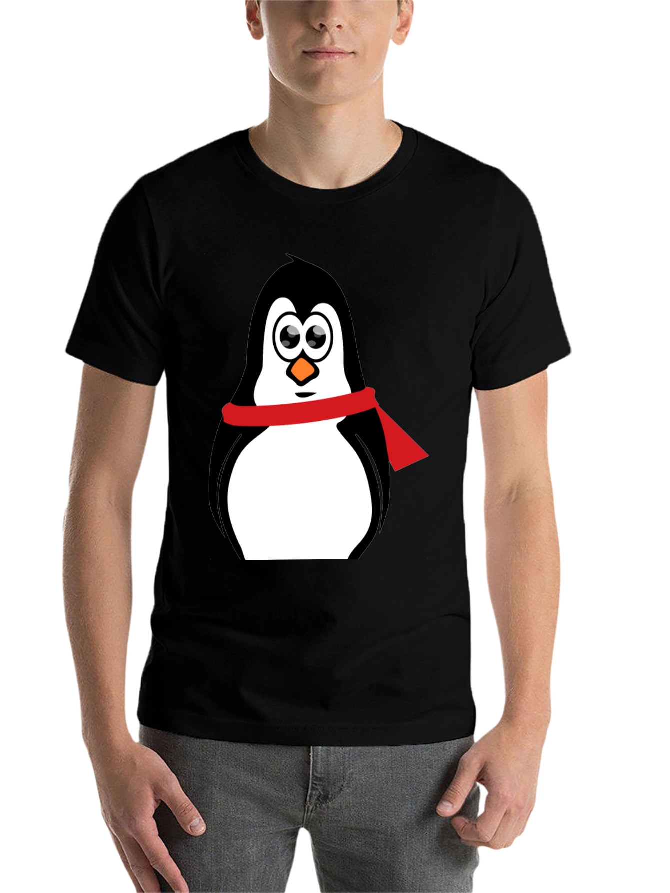 Black Penguin Graphic Tee - Cartoon Penguin with Scarf view 7