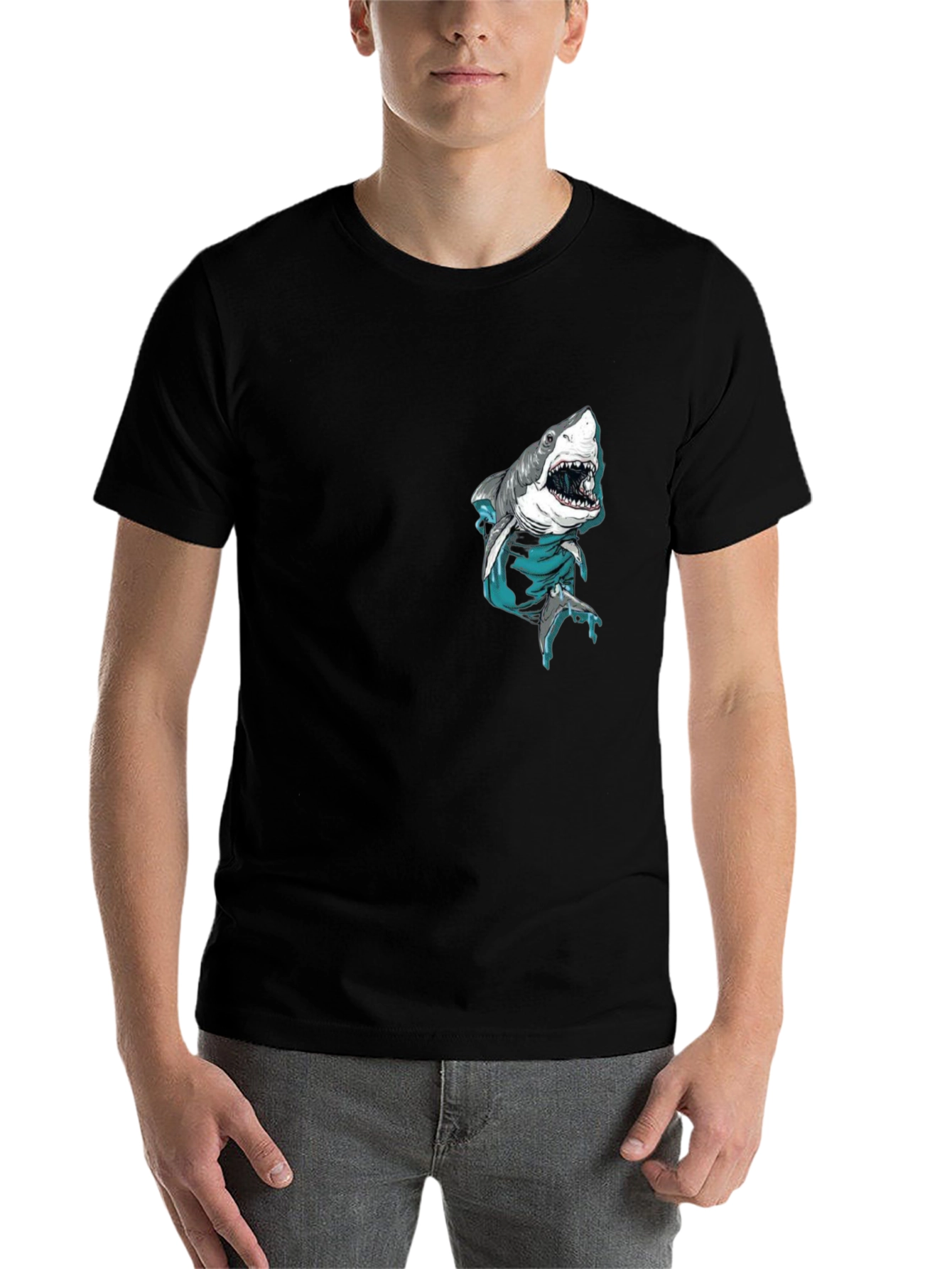 Black Shark Pocket Graphic Tee - Cool Men's Black T-Shirt view 7