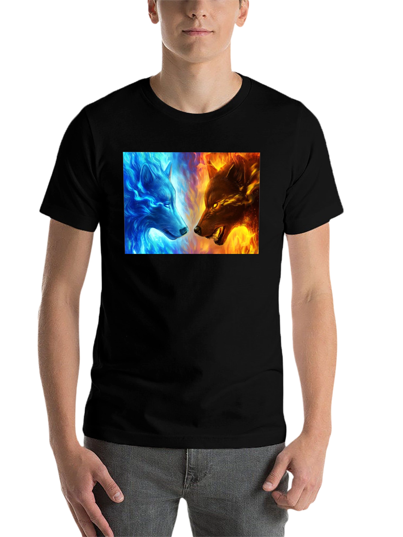 Black Fire and Ice Wolf Graphic Tee - Cool Men's T-Shirt view 7