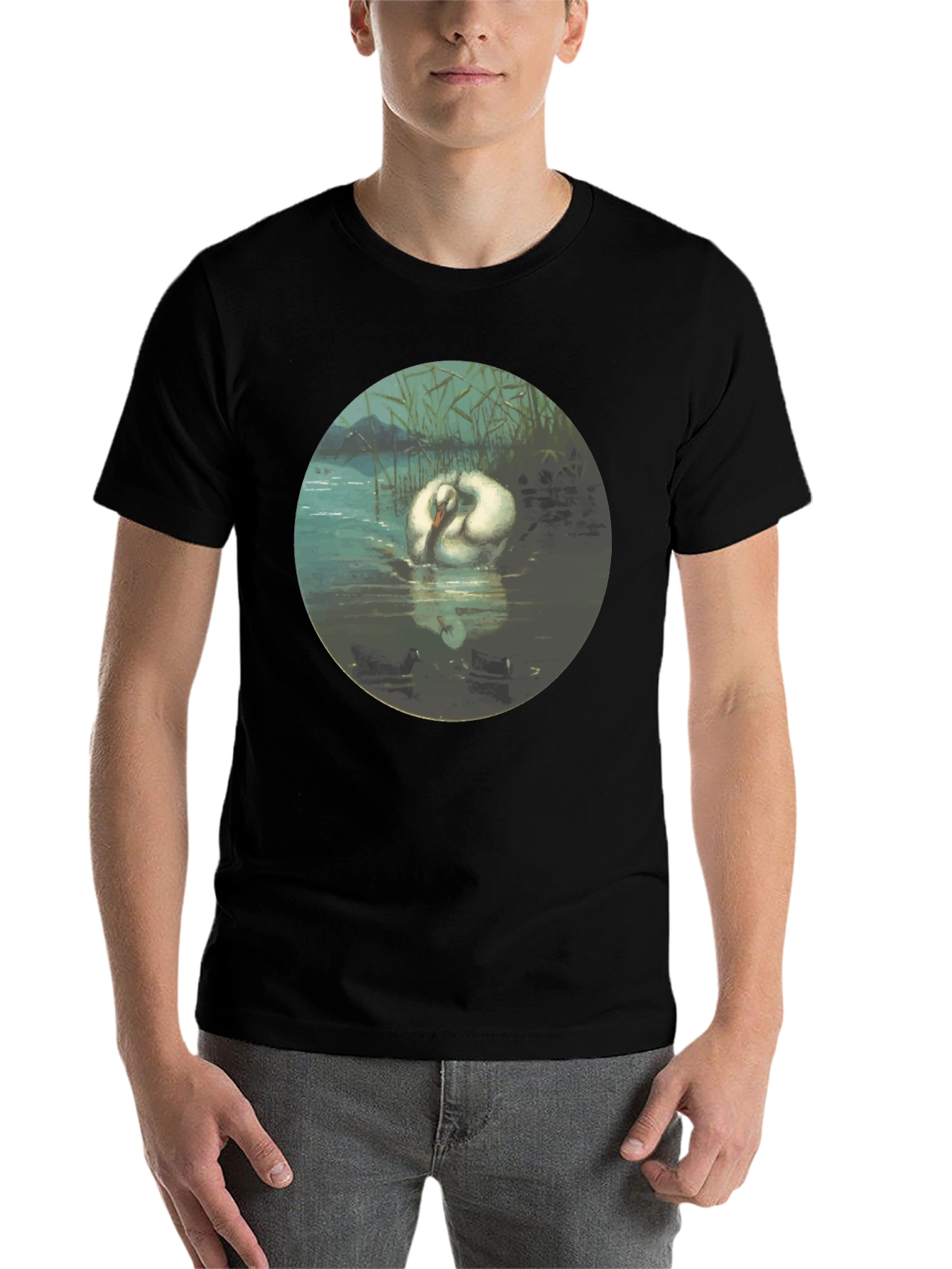 Black Swan Art T-Shirt - Elegant Aquatic Bird Design view 7