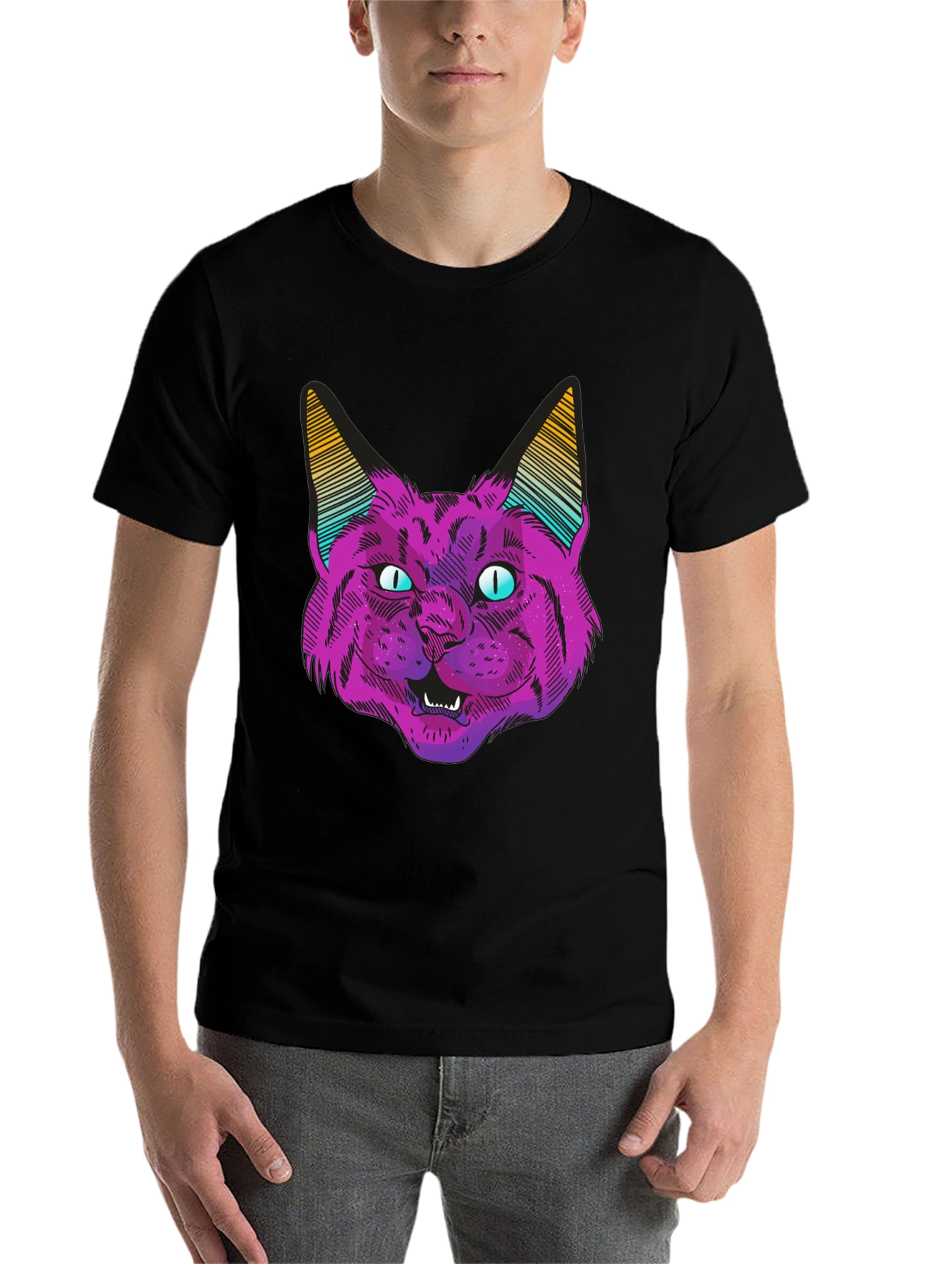 Black Psychedelic Cat Graphic T-Shirt view 7